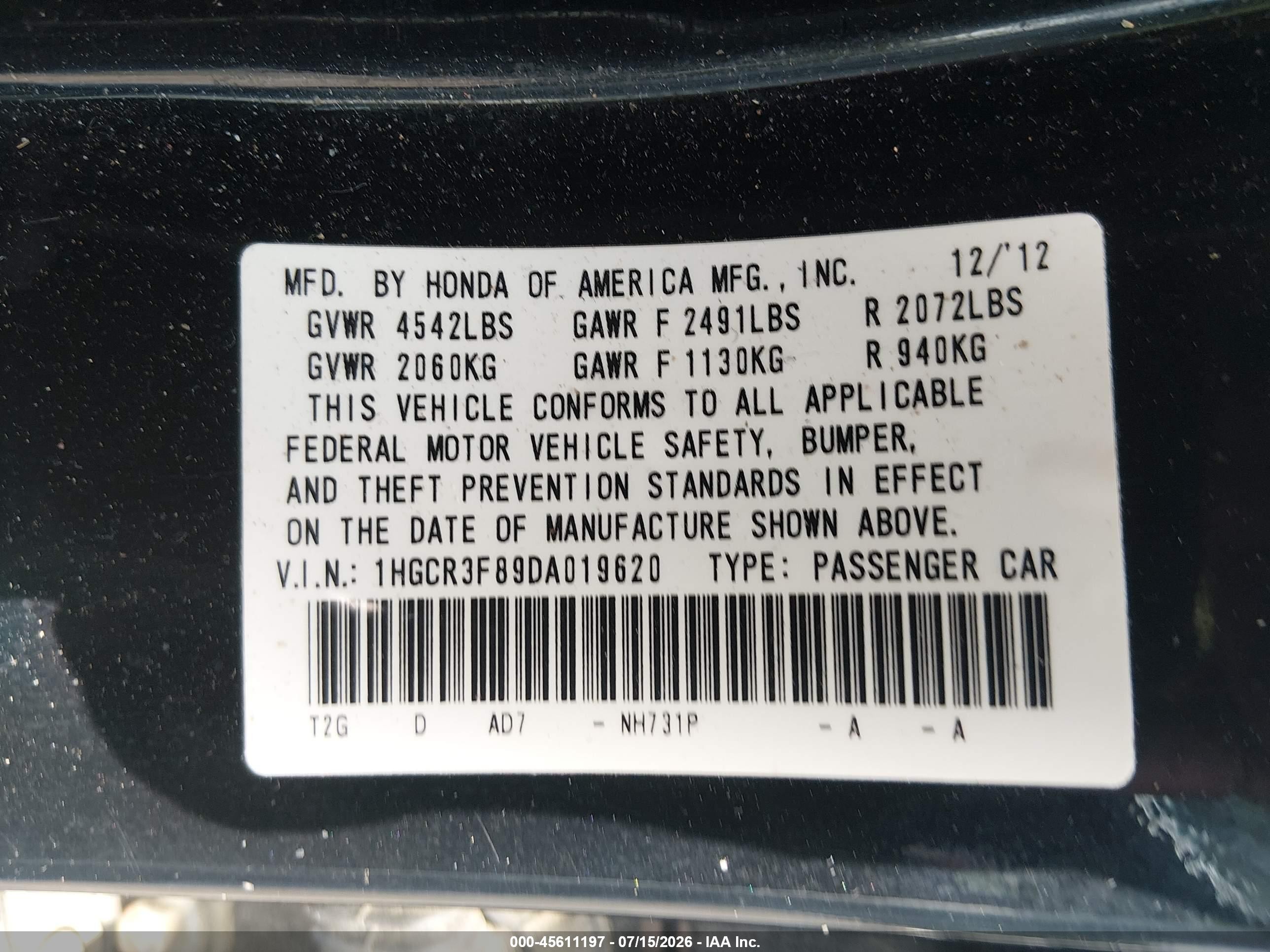 2013 Honda Accord Ex-l V-6 Черный vin: 1HGCR3F89DA019620