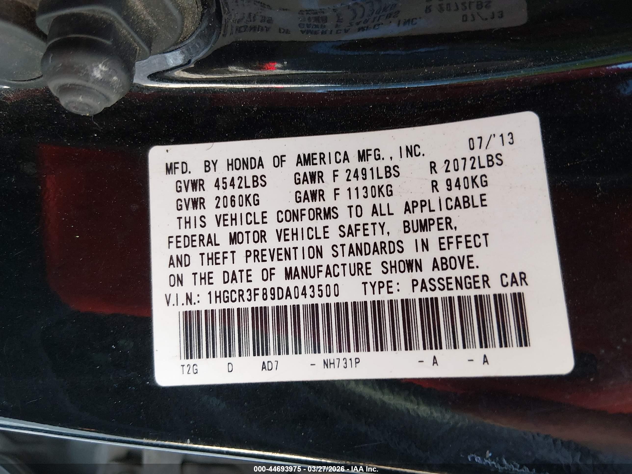 2013 Honda Accord Ex-l V-6 Black vin: 1HGCR3F89DA043500