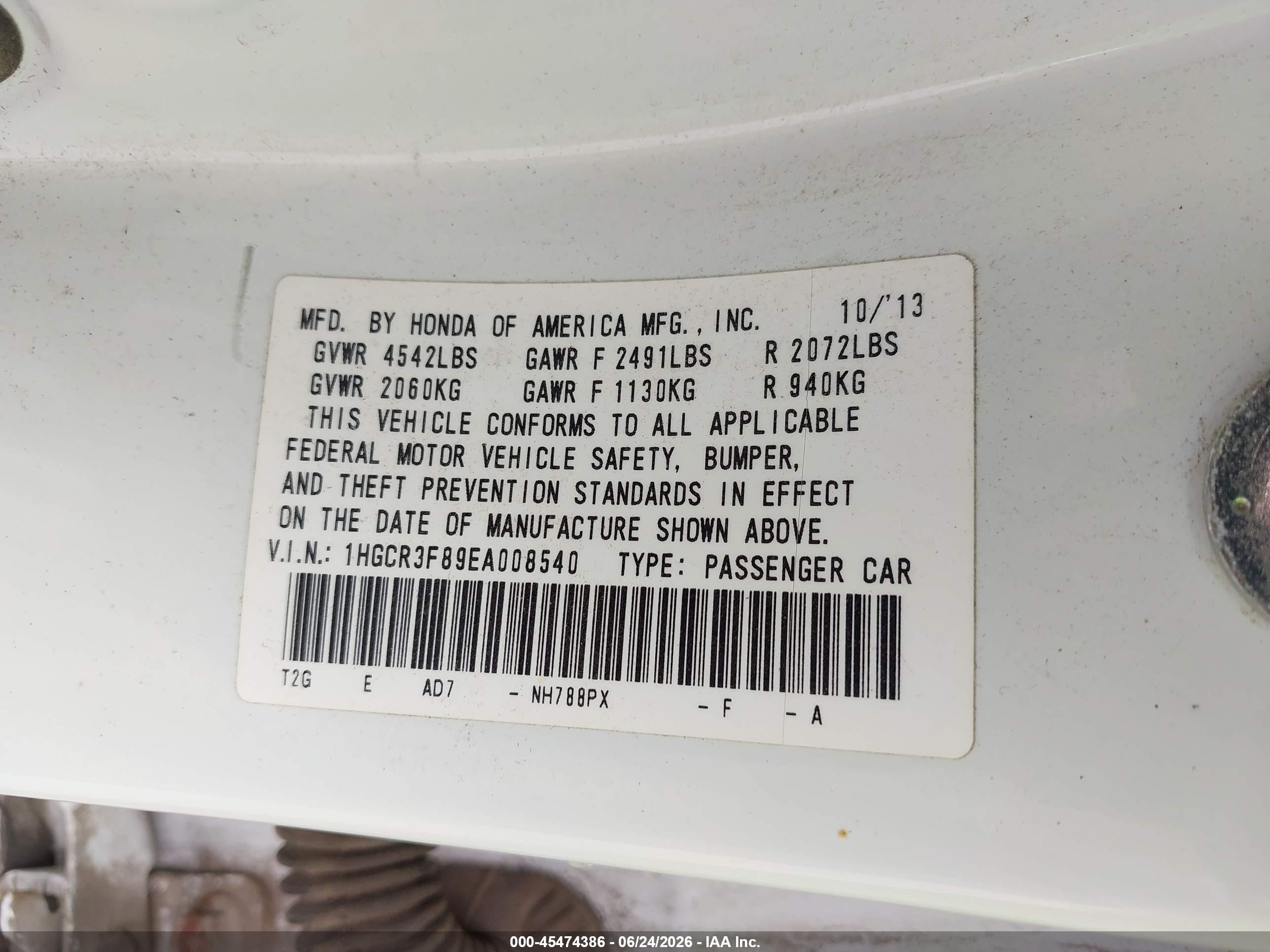 2014 Honda Accord Ex-l V-6 Белый vin: 1HGCR3F89EA008540