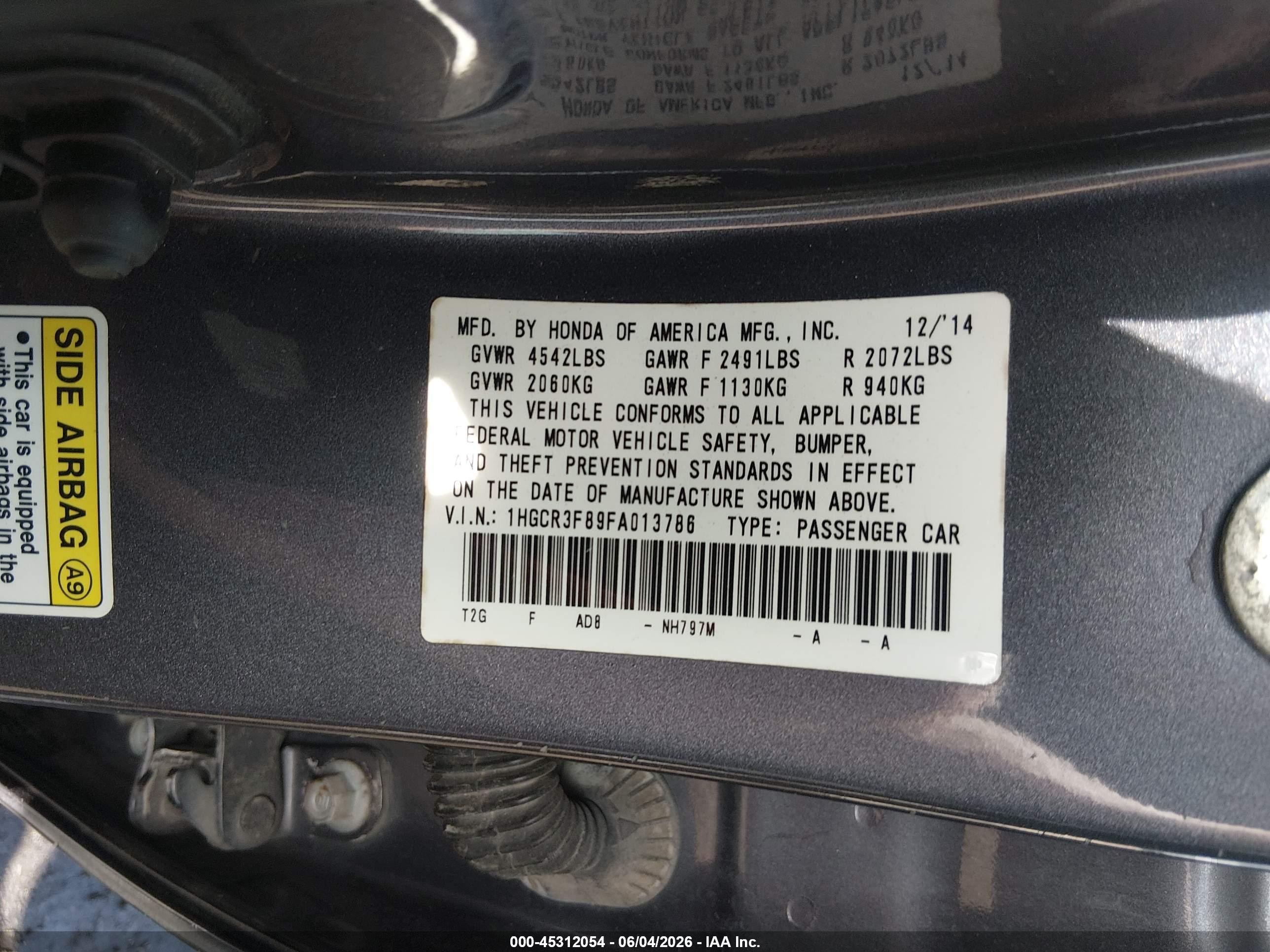 2015 Honda Accord Ex-l V-6 Gray vin: 1HGCR3F89FA013786