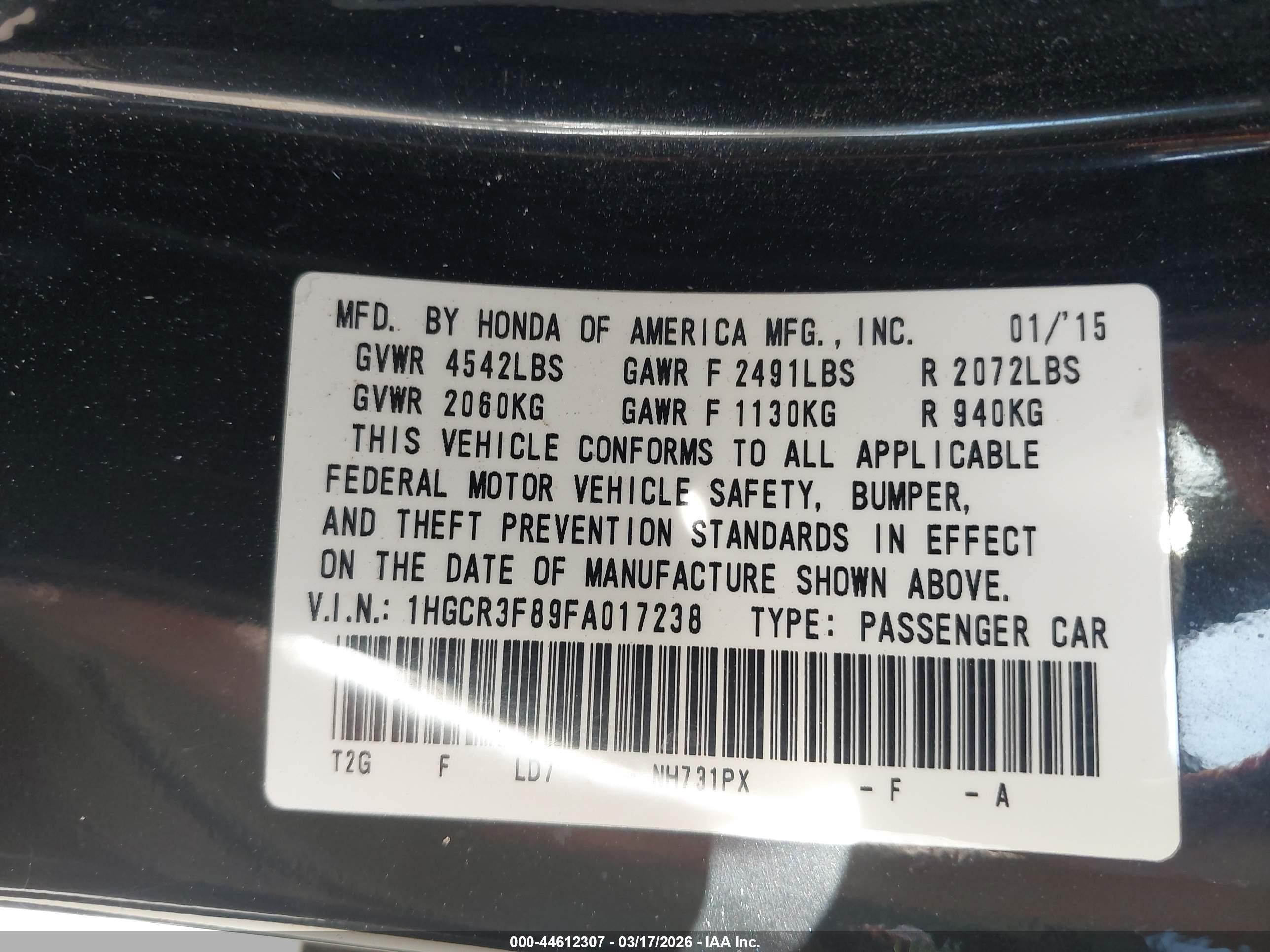 2015 Honda Accord Ex-l V-6 Black vin: 1HGCR3F89FA017238