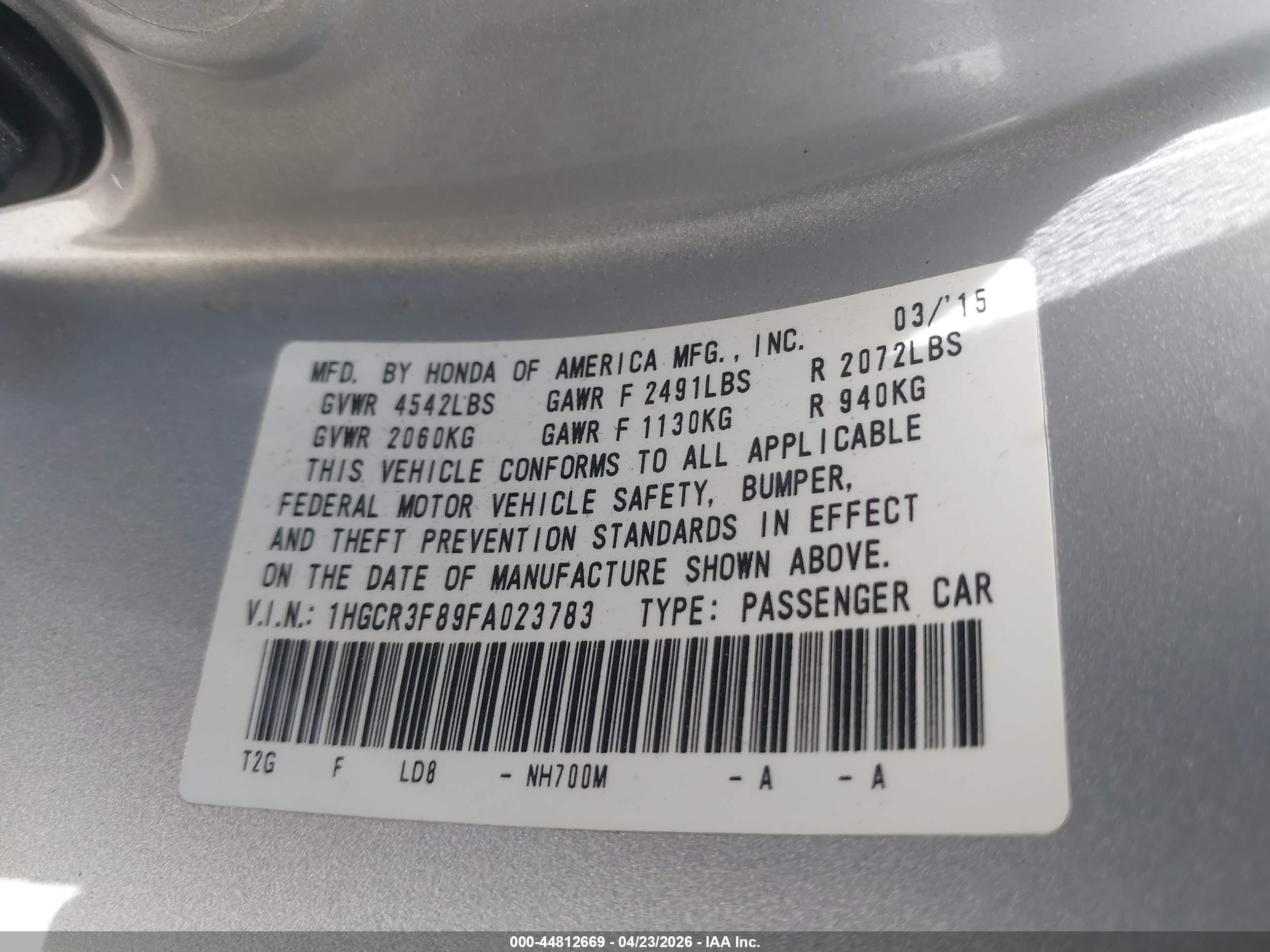 2015 Honda Accord Ex-l V-6 Silver vin: 1HGCR3F89FA023783