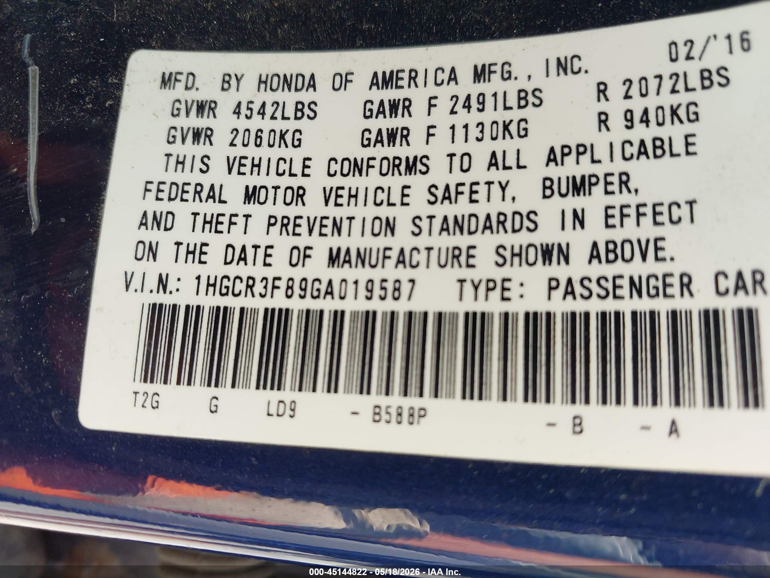 2016 Honda Accord Ex-l V-6 Blue vin: 1HGCR3F89GA019587