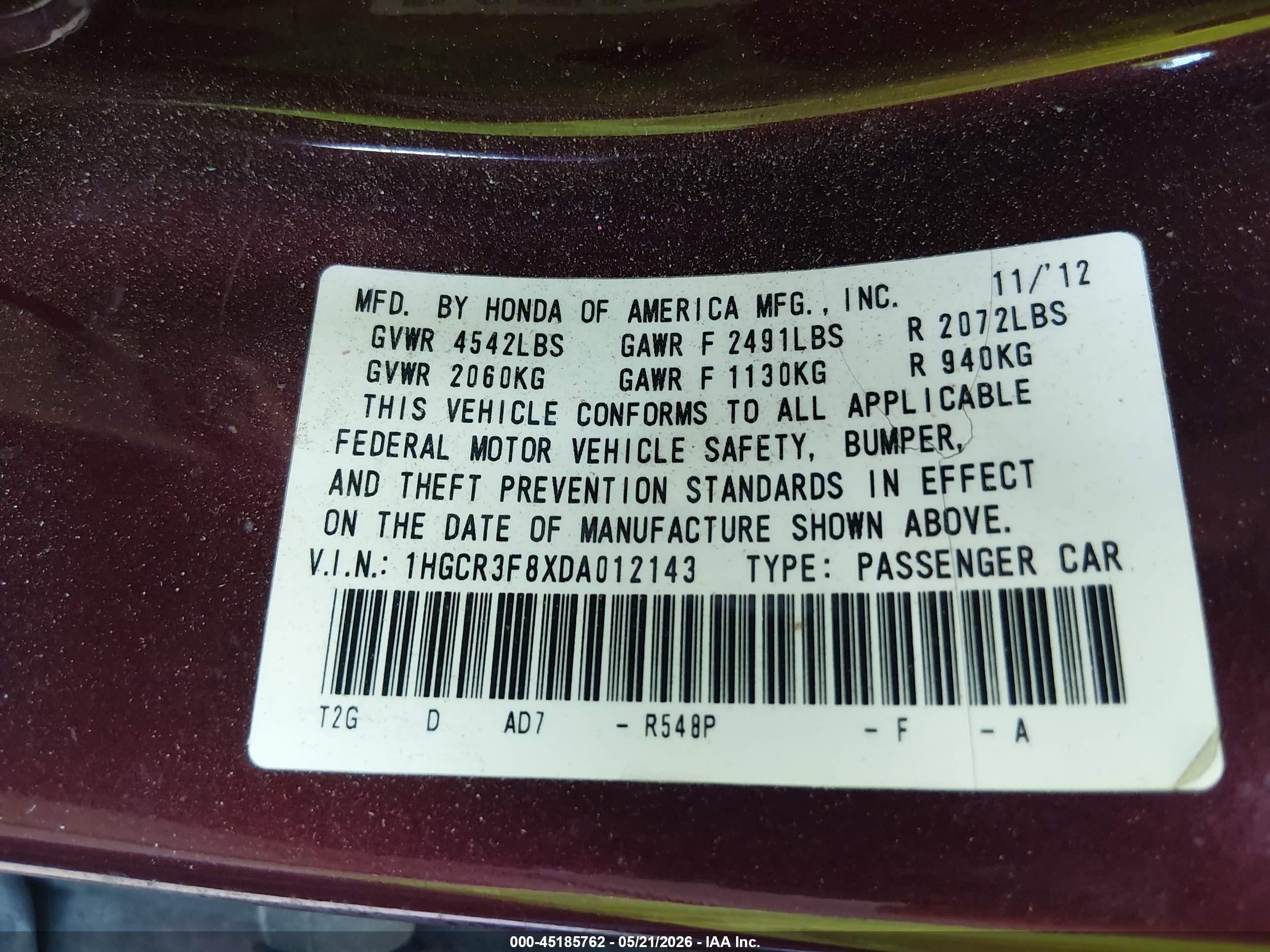 2013 Honda Accord Ex-l V-6 Красный vin: 1HGCR3F8XDA012143
