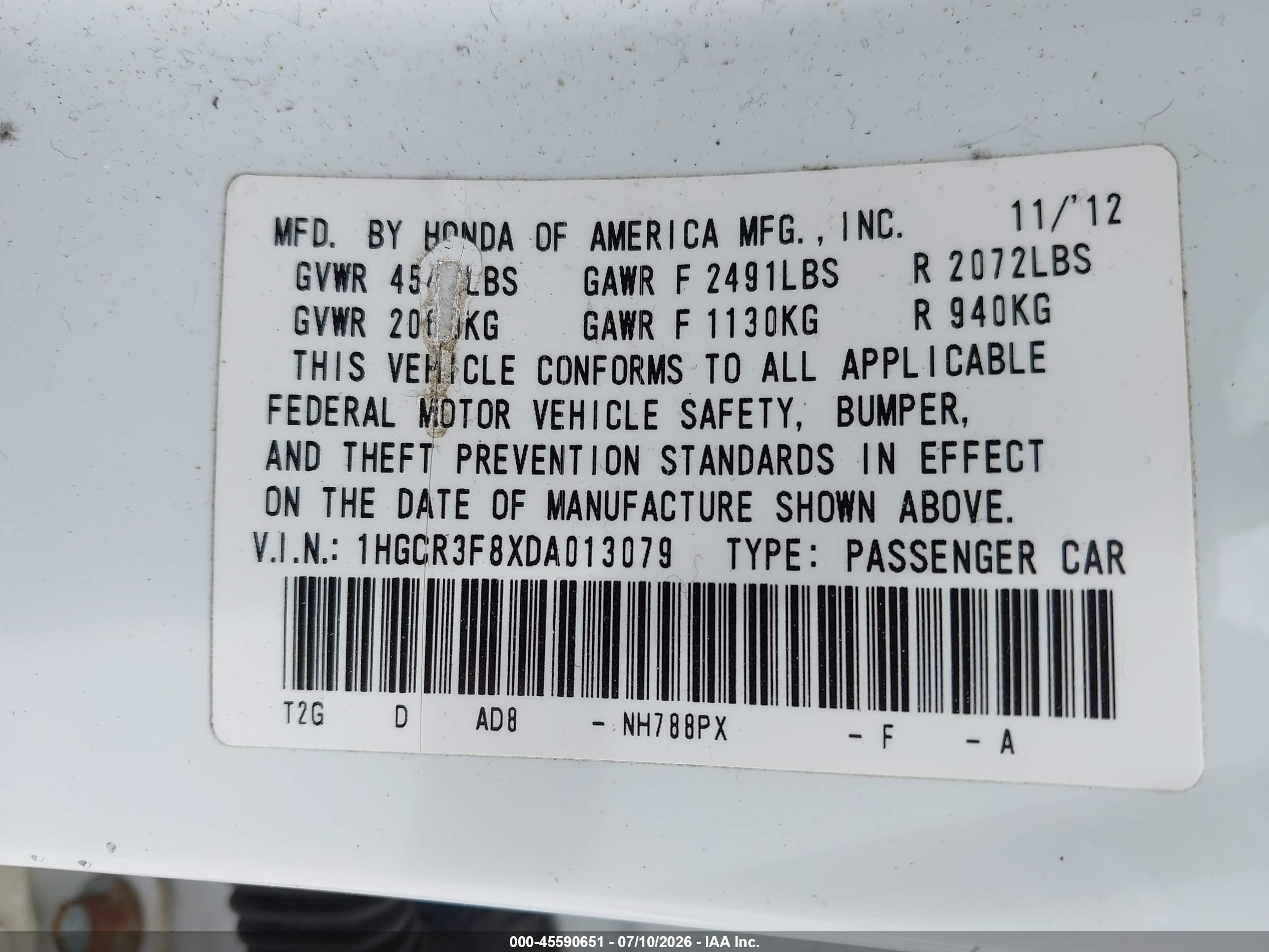 2013 Honda Accord Ex-l V-6 White vin: 1HGCR3F8XDA013079
