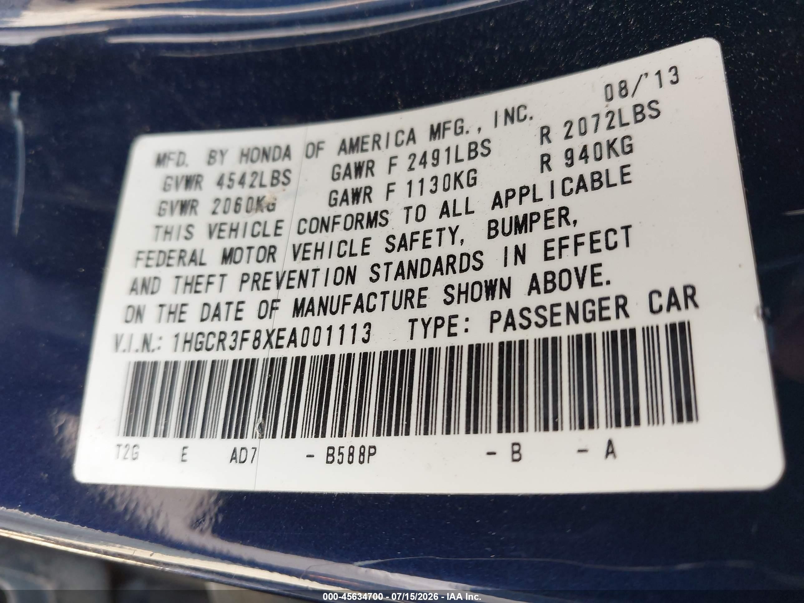 2014 Honda Accord Ex-l V-6 Dark Blue vin: 1HGCR3F8XEA001113
