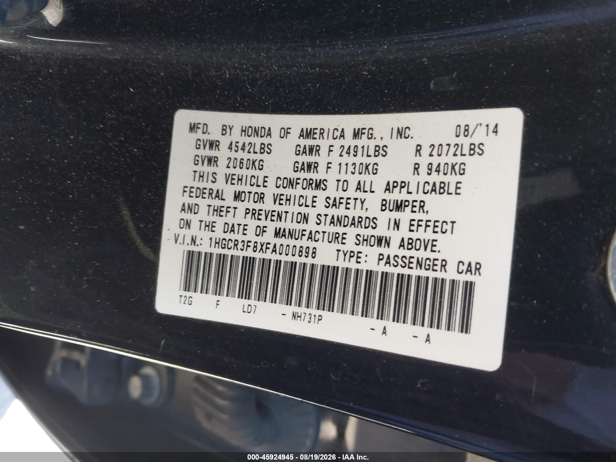 2015 Honda Accord Ex-l V-6 Black vin: 1HGCR3F8XFA000898