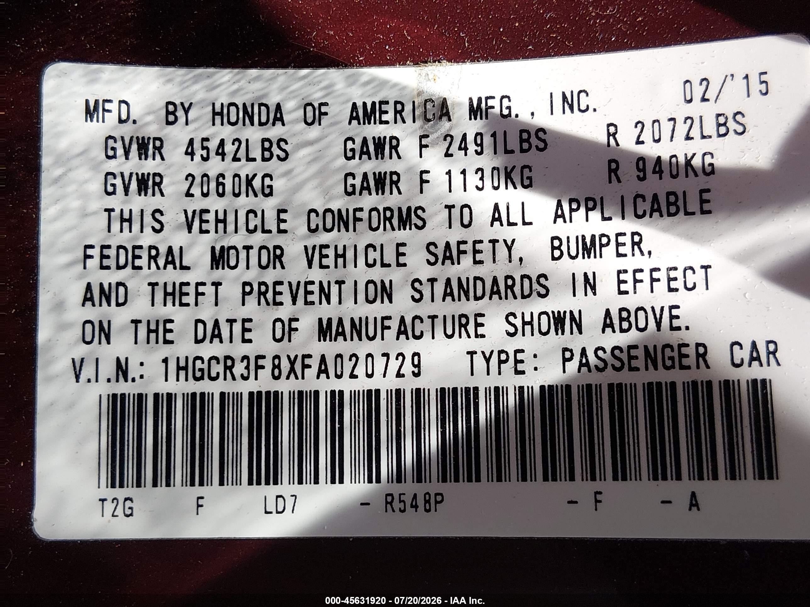 2015 Honda Accord Ex-l V-6 Burgundy vin: 1HGCR3F8XFA020729