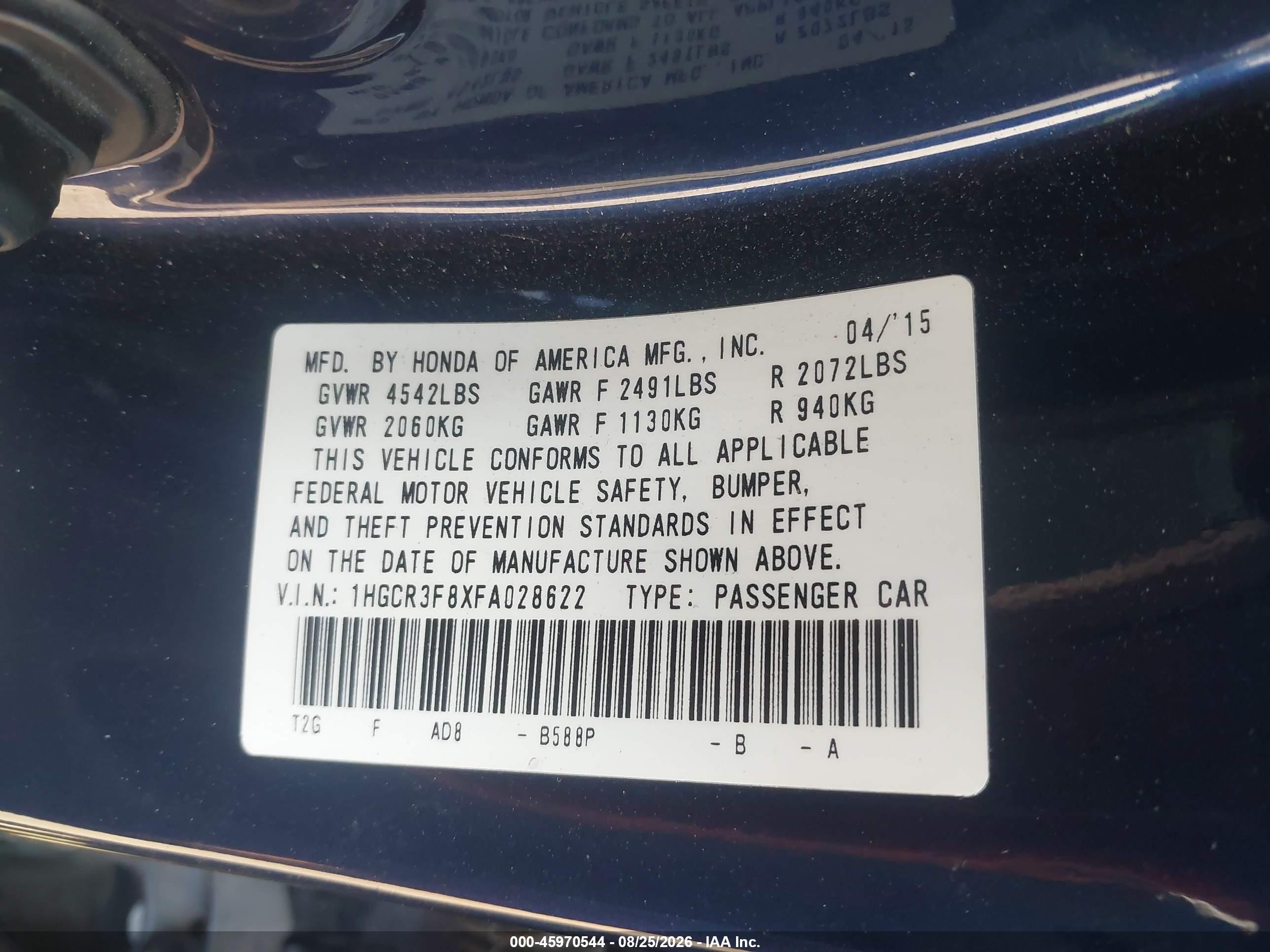2015 Honda Accord Ex-l V-6 Blue vin: 1HGCR3F8XFA028622