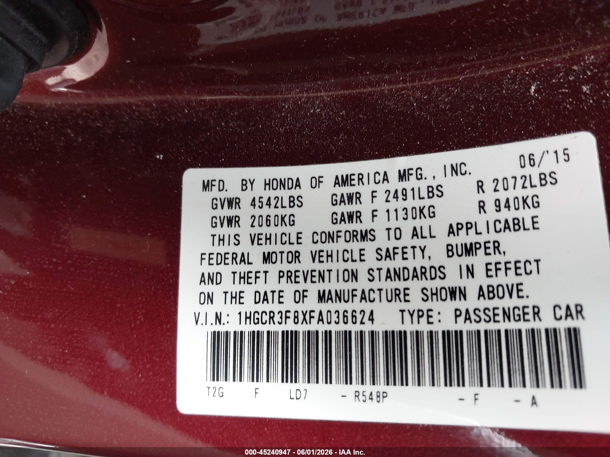 2015 Honda Accord Ex-l V-6 Red vin: 1HGCR3F8XFA036624