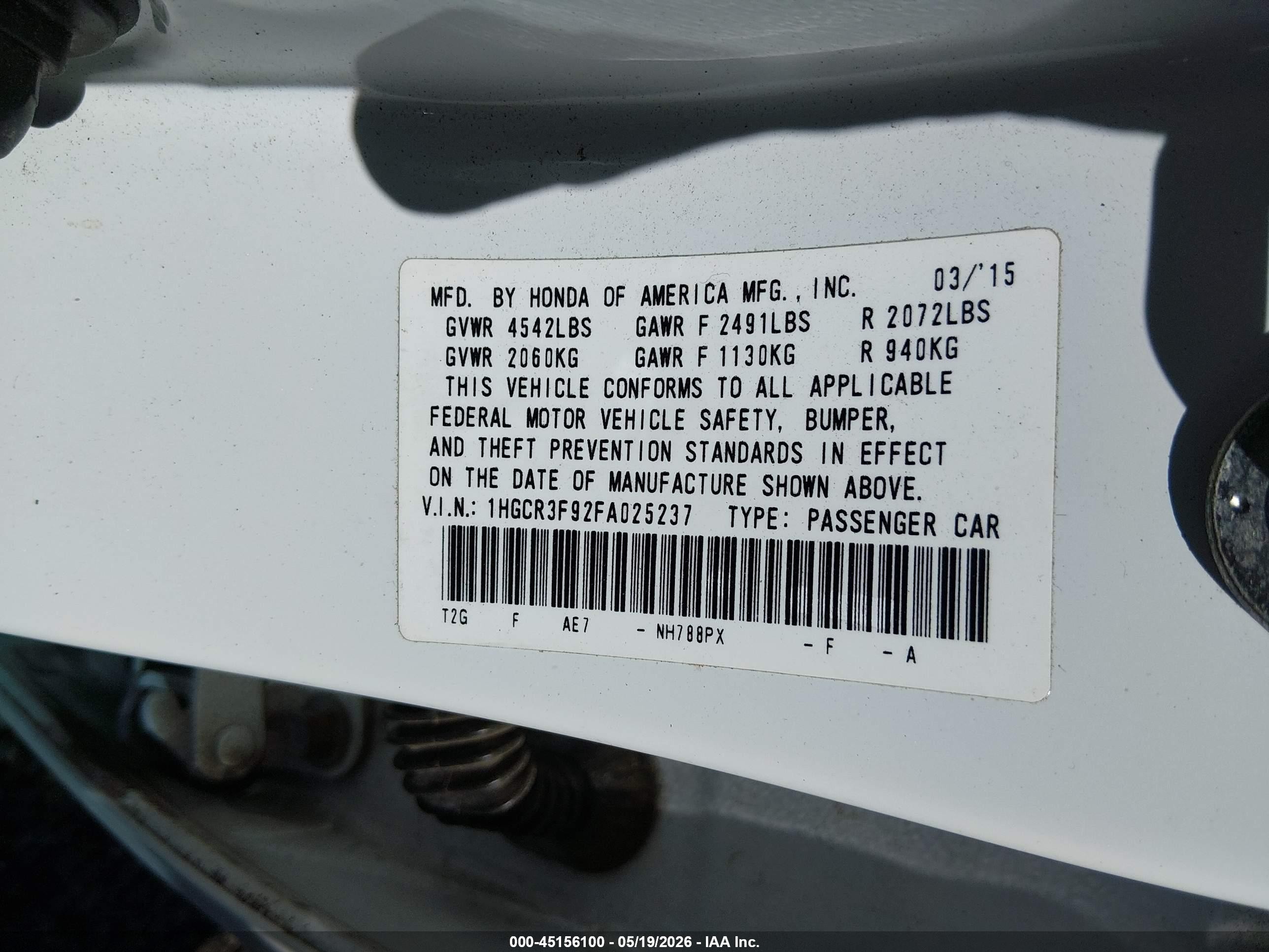 2015 Honda Accord Touring White vin: 1HGCR3F92FA025237