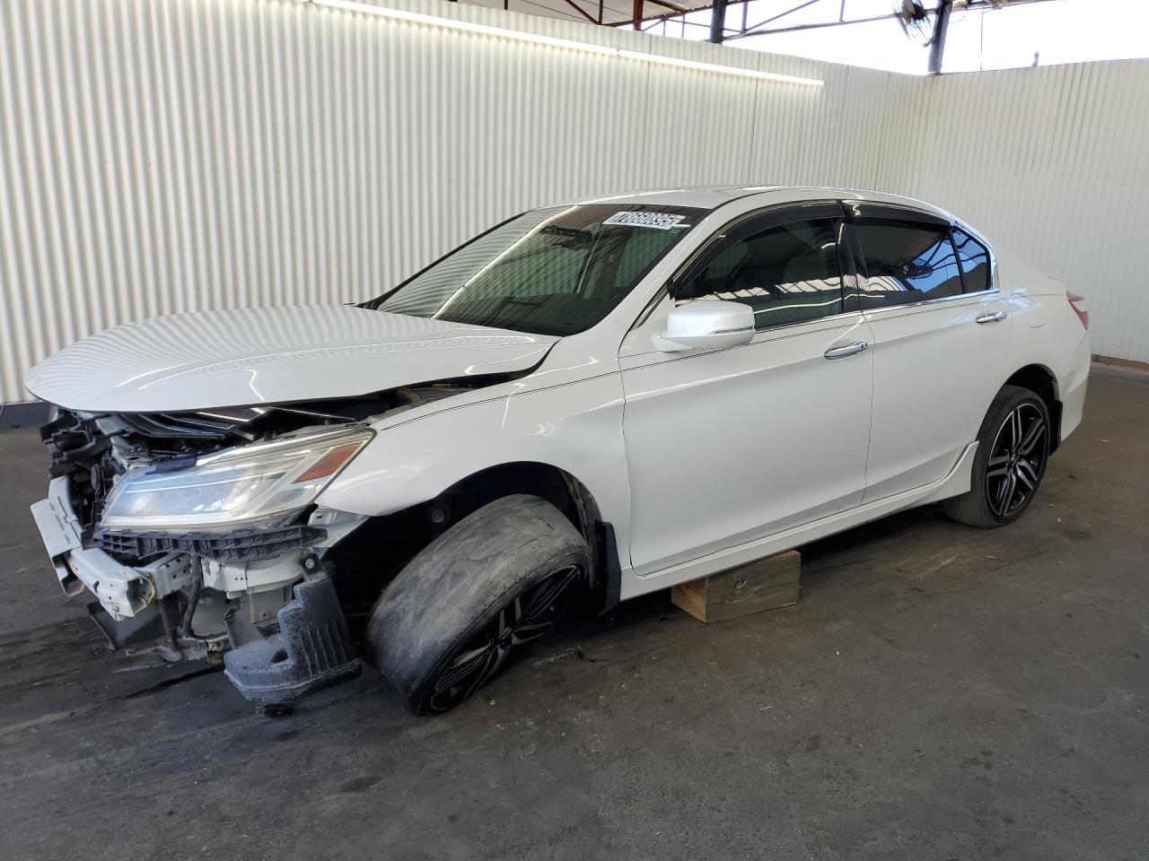 2016 Honda Accord Touring White vin: 1HGCR3F92GA015082 Damage: Left Front Fender, Dent(S) W/ Paint Dmg, > 12 Inches