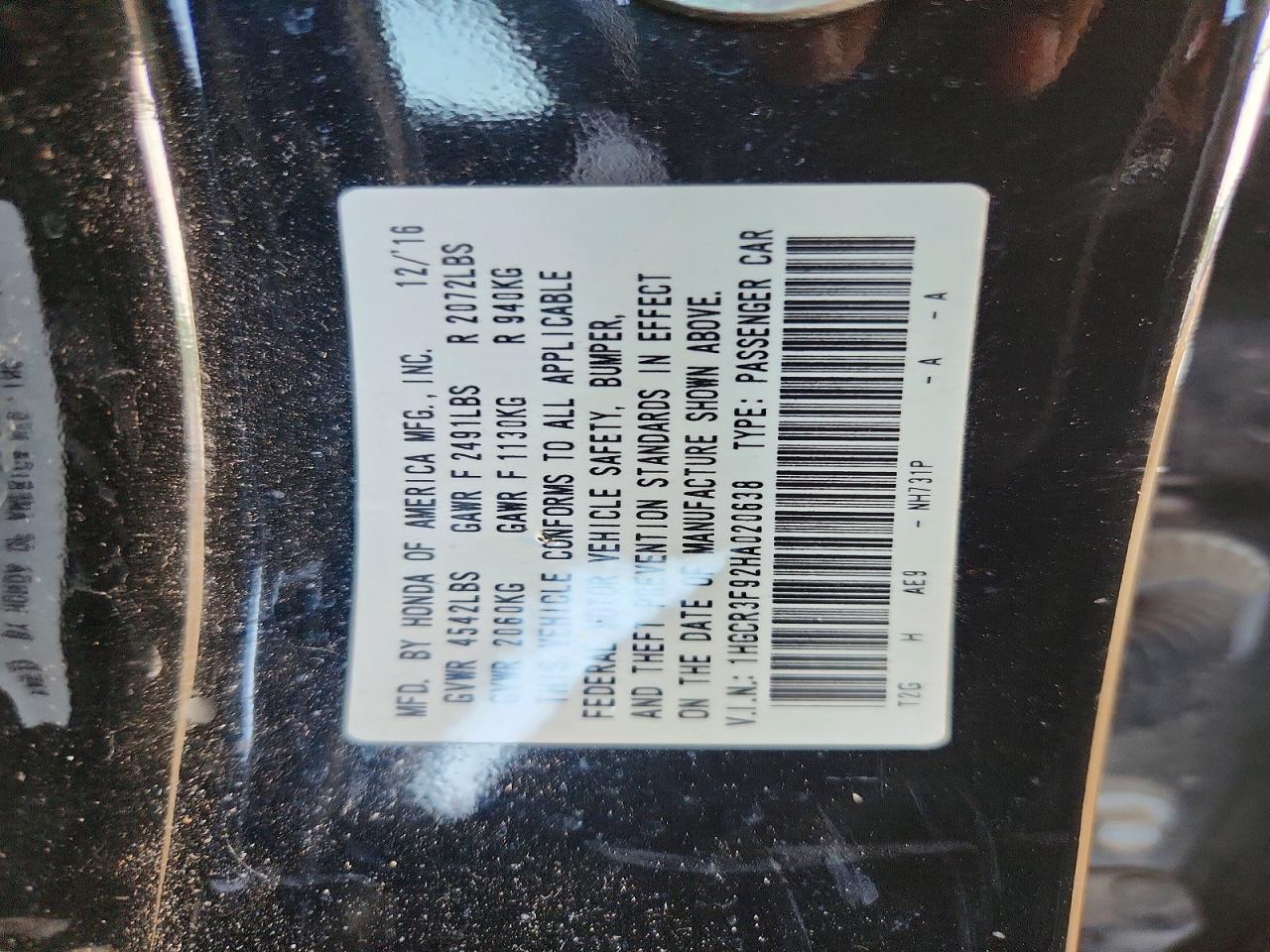 2017 Honda Accord Touring Black vin: 1HGCR3F92HA020638