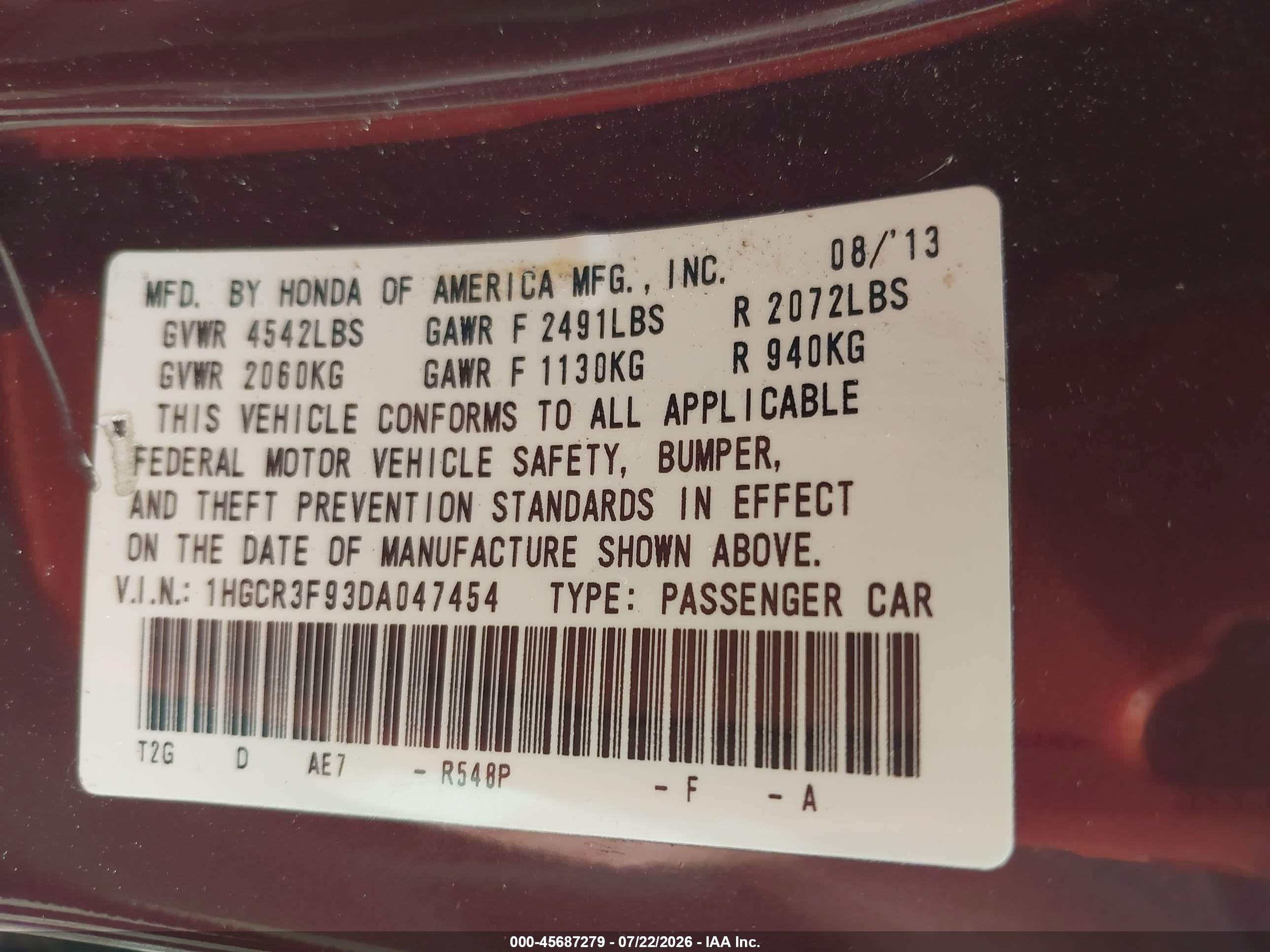 2013 Honda Accord Touring Burgundy vin: 1HGCR3F93DA047454