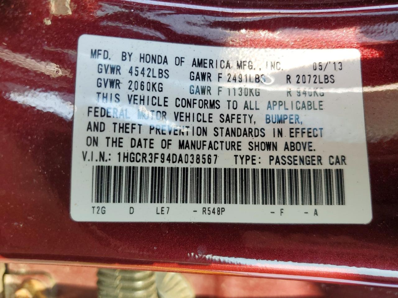 2013 Honda Accord Touring Burgundy vin: 1HGCR3F94DA038567