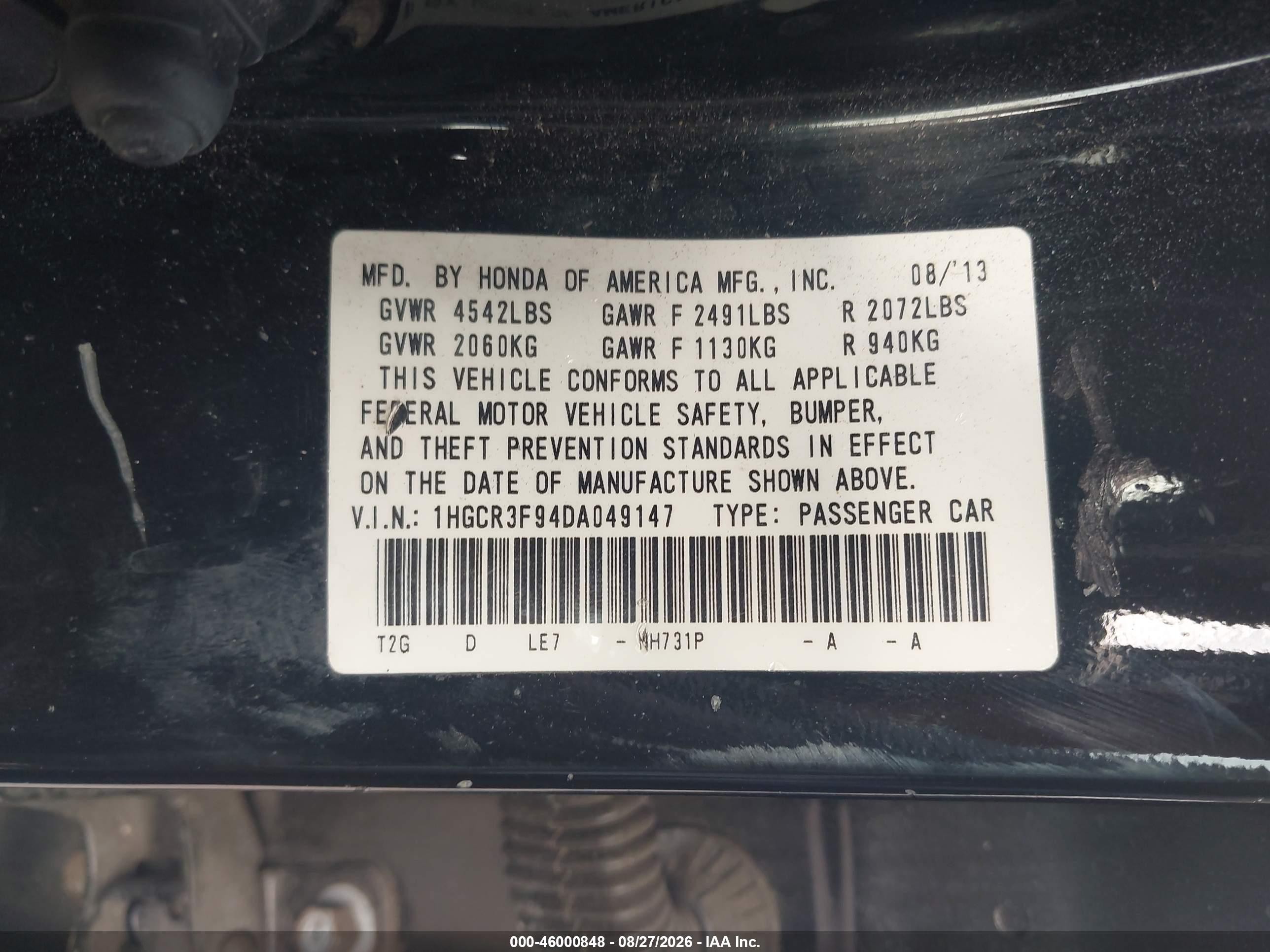 2013 Honda Accord Touring Black vin: 1HGCR3F94DA049147