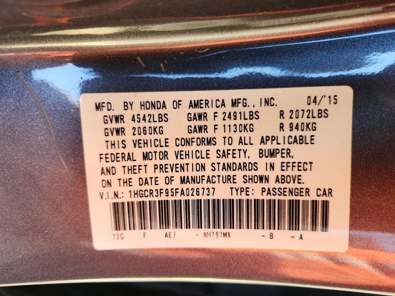 2015 Honda Accord Touring Gray vin: 1HGCR3F95FA026737
