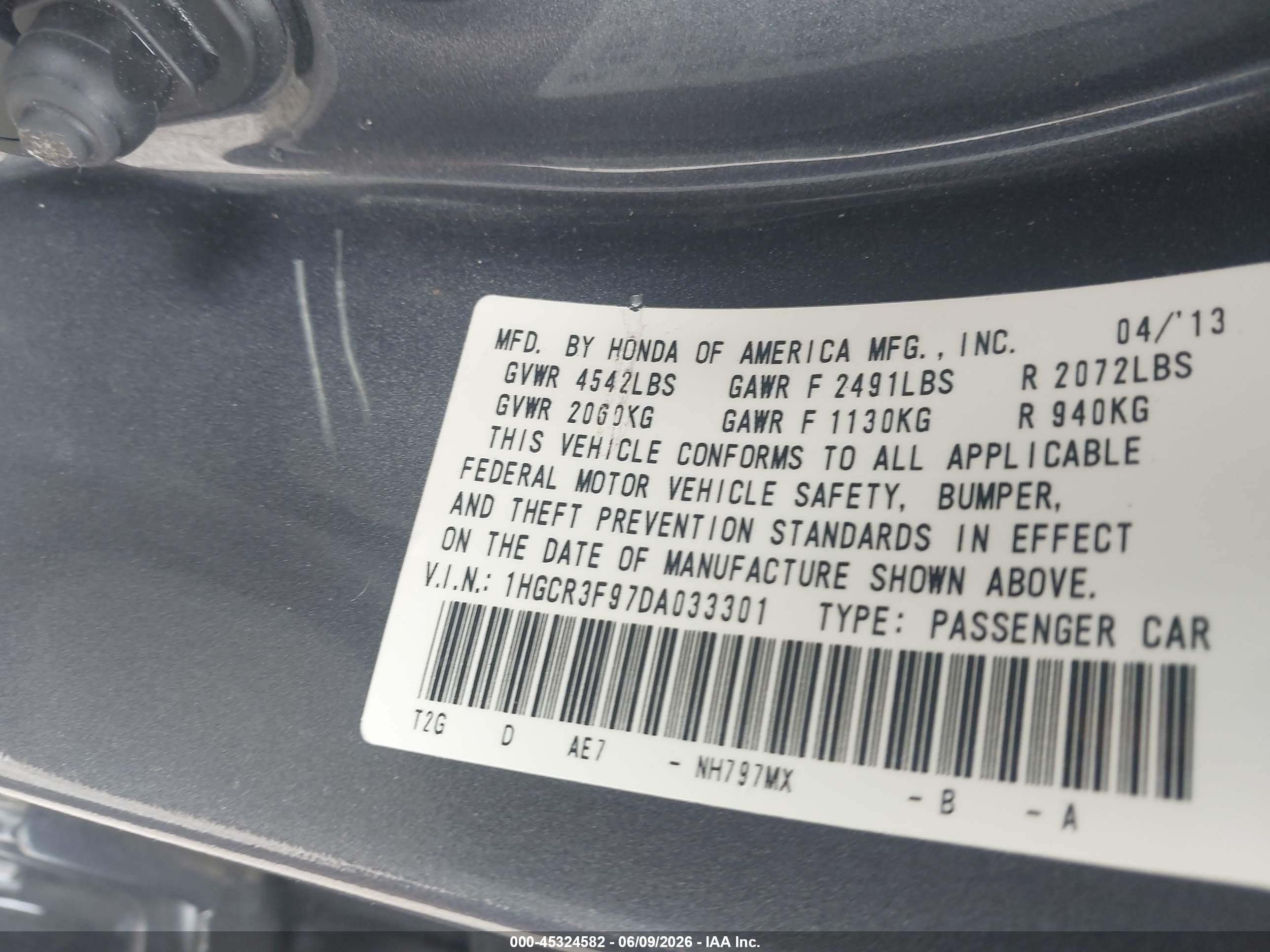2013 Honda Accord Touring Gray vin: 1HGCR3F97DA033301