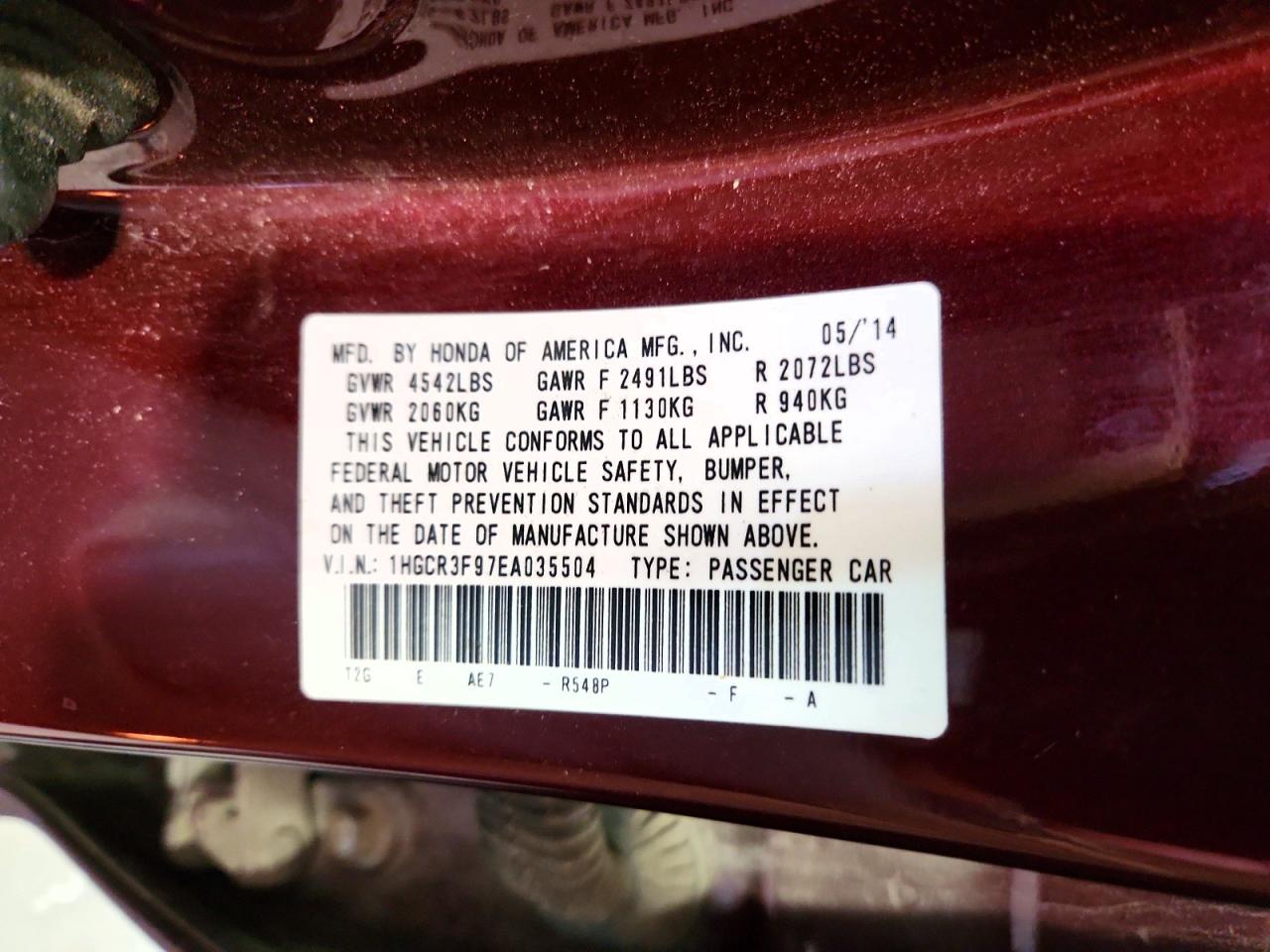 2014 Honda Accord Touring Burgundy vin: 1HGCR3F97EA035504