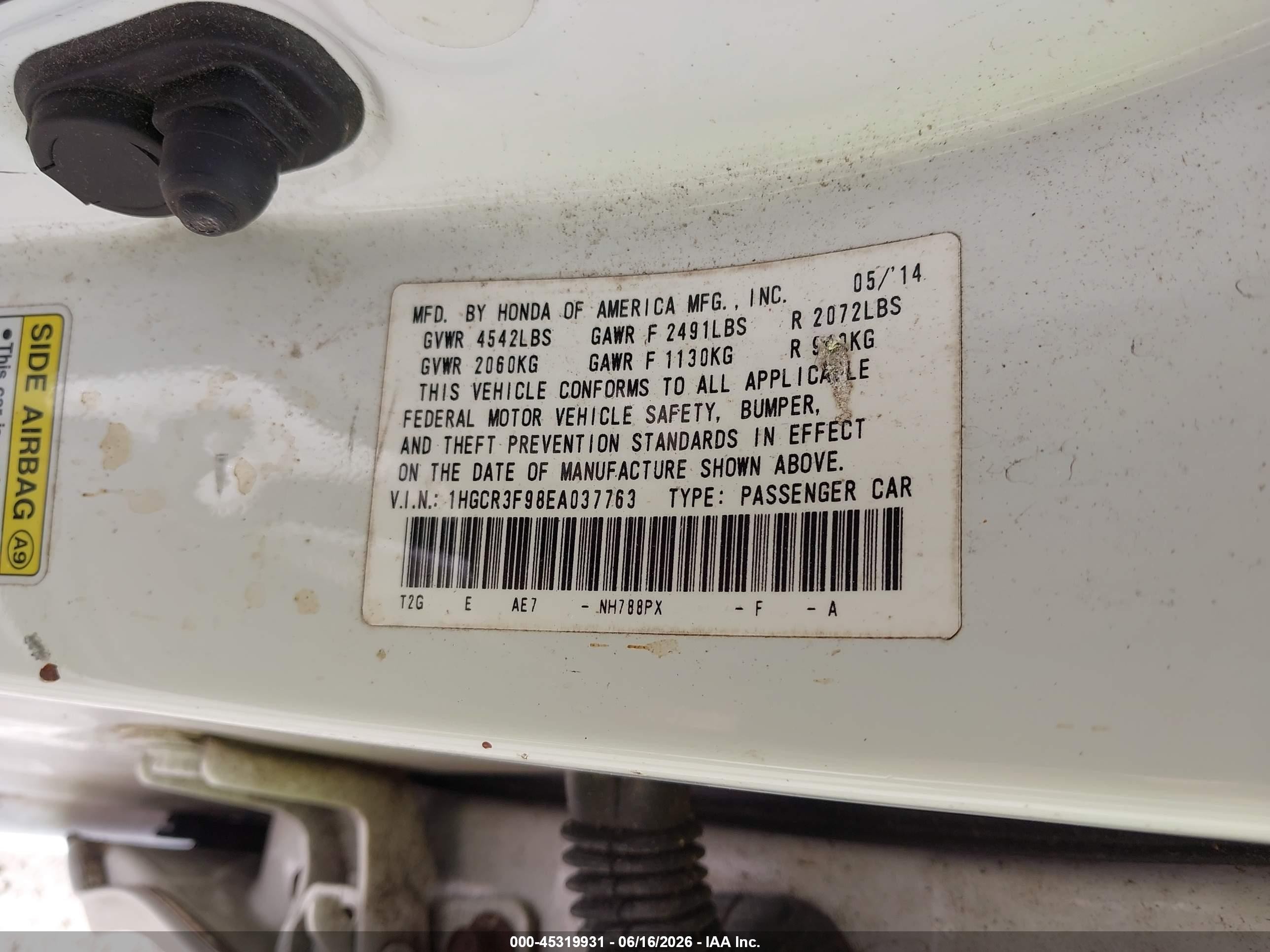 2014 Honda Accord Touring White vin: 1HGCR3F98EA037763