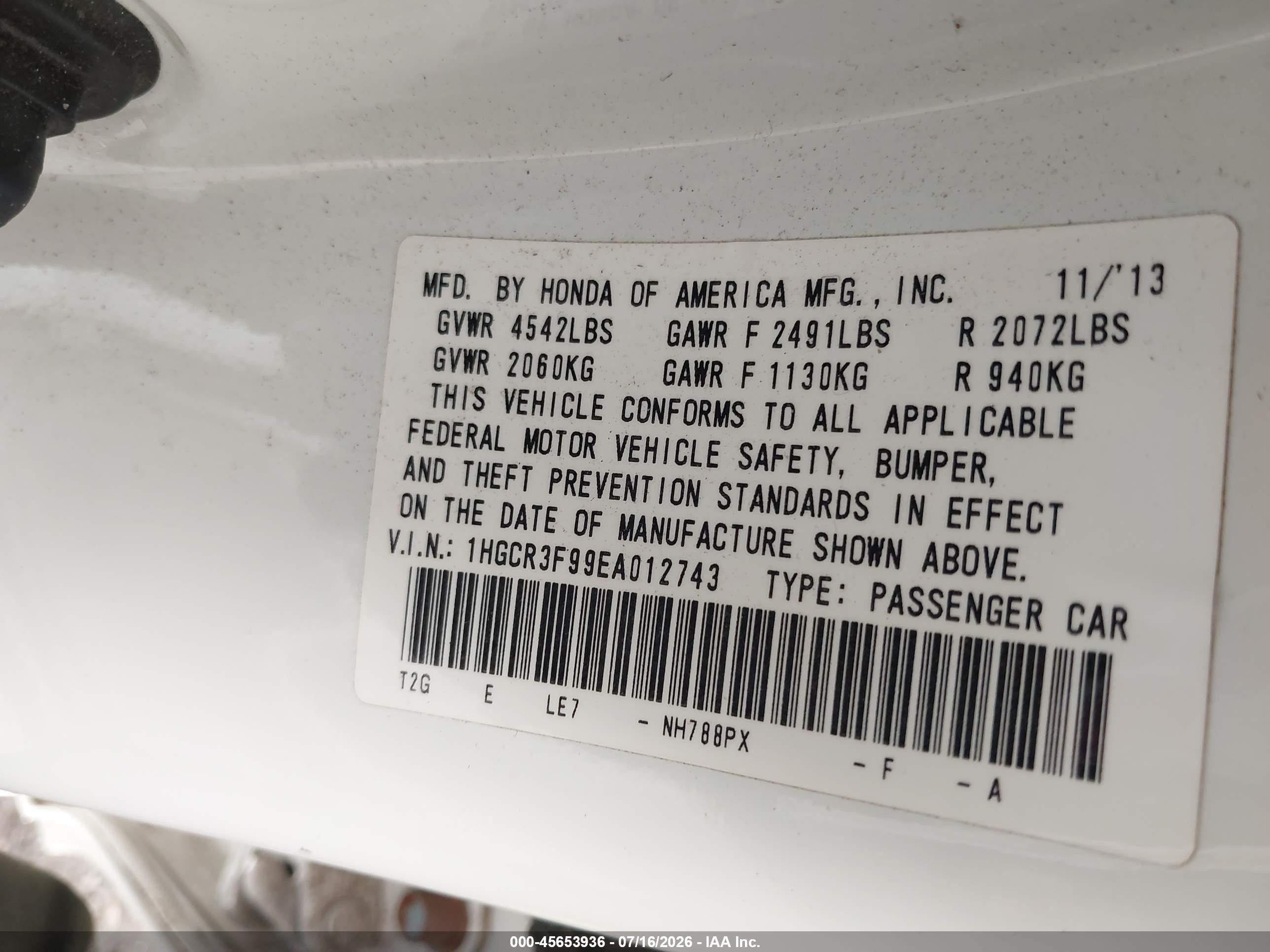 2014 Honda Accord Touring White vin: 1HGCR3F99EA012743