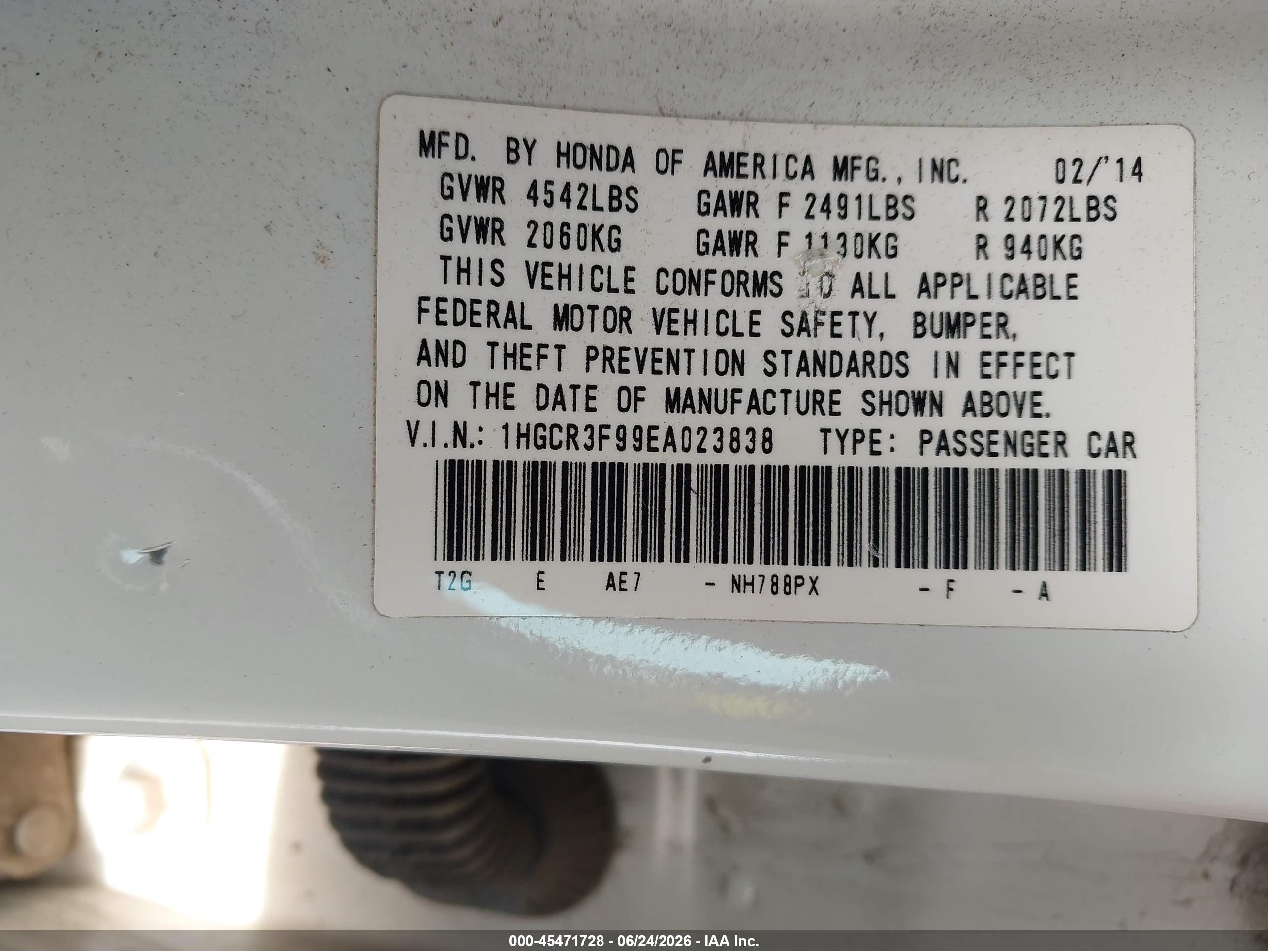 2014 Honda Accord Touring White vin: 1HGCR3F99EA023838