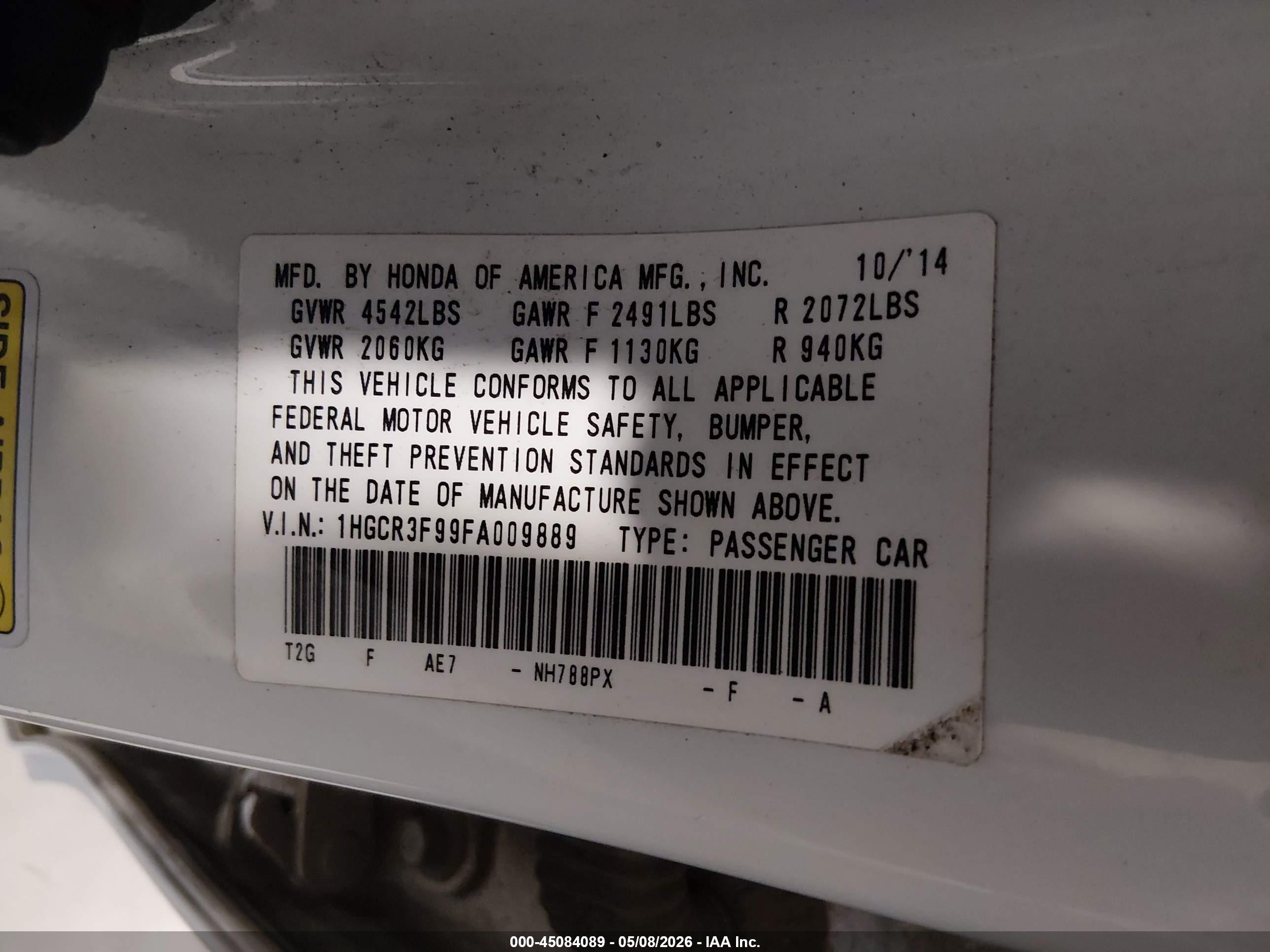 2015 Honda Accord Touring White vin: 1HGCR3F99FA009889