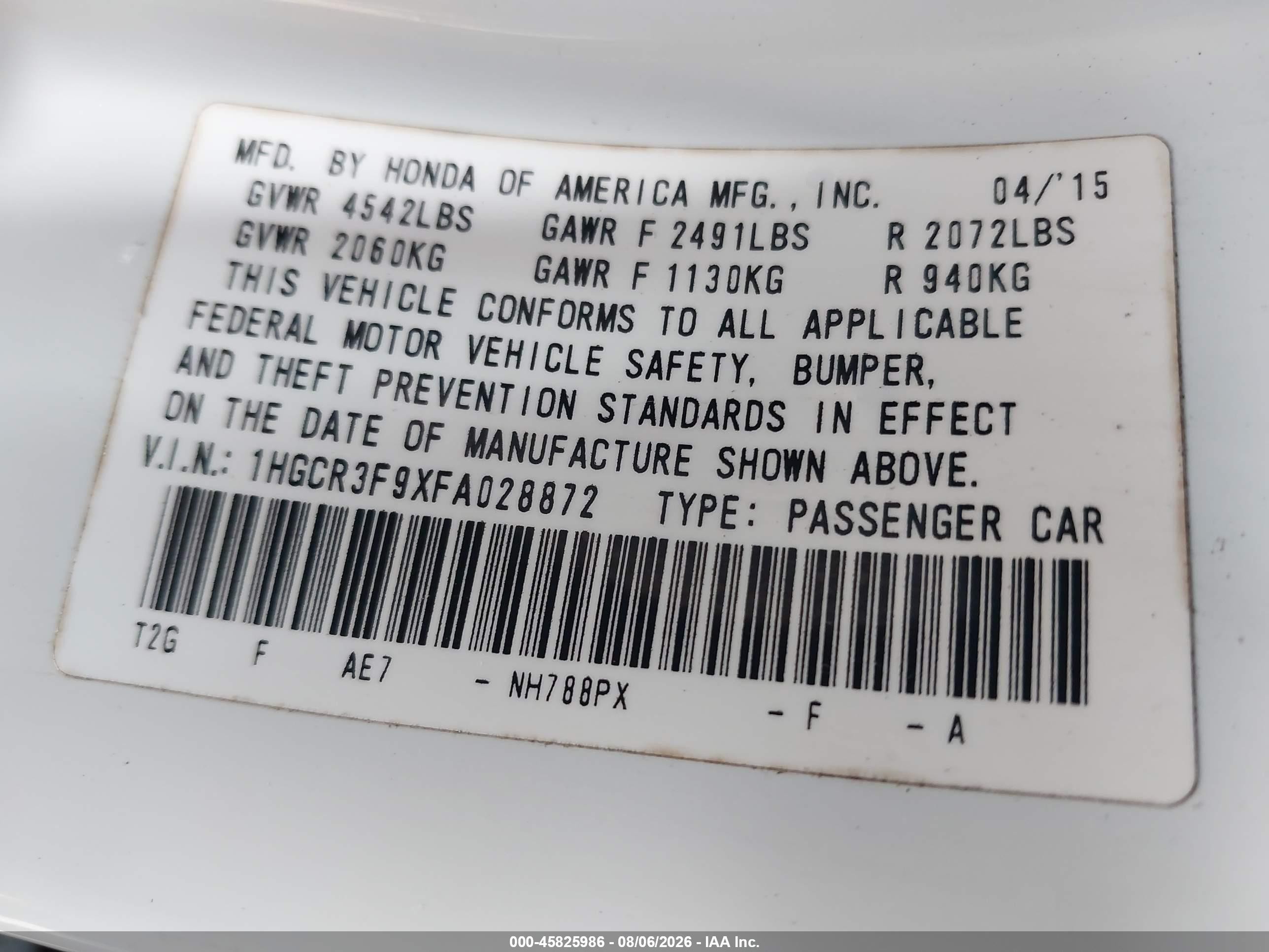 2015 Honda Accord Touring White vin: 1HGCR3F9XFA028872