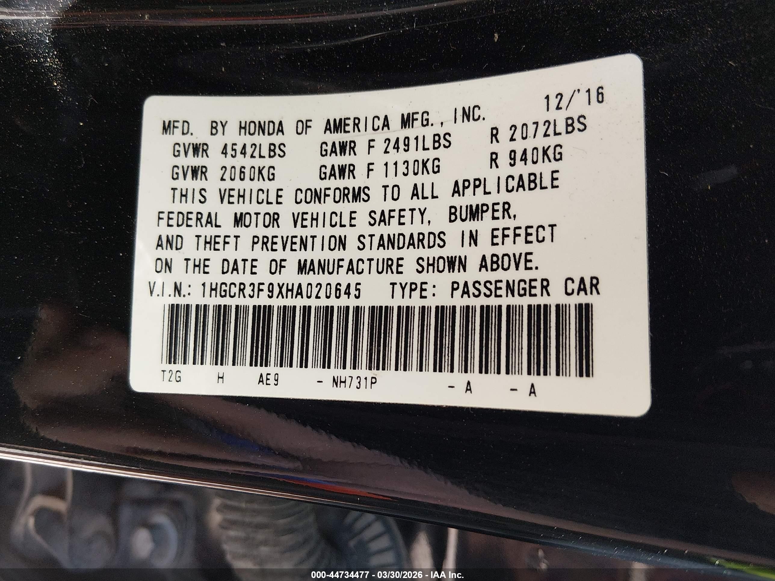 2017 Honda Accord Touring V6 Black vin: 1HGCR3F9XHA020645
