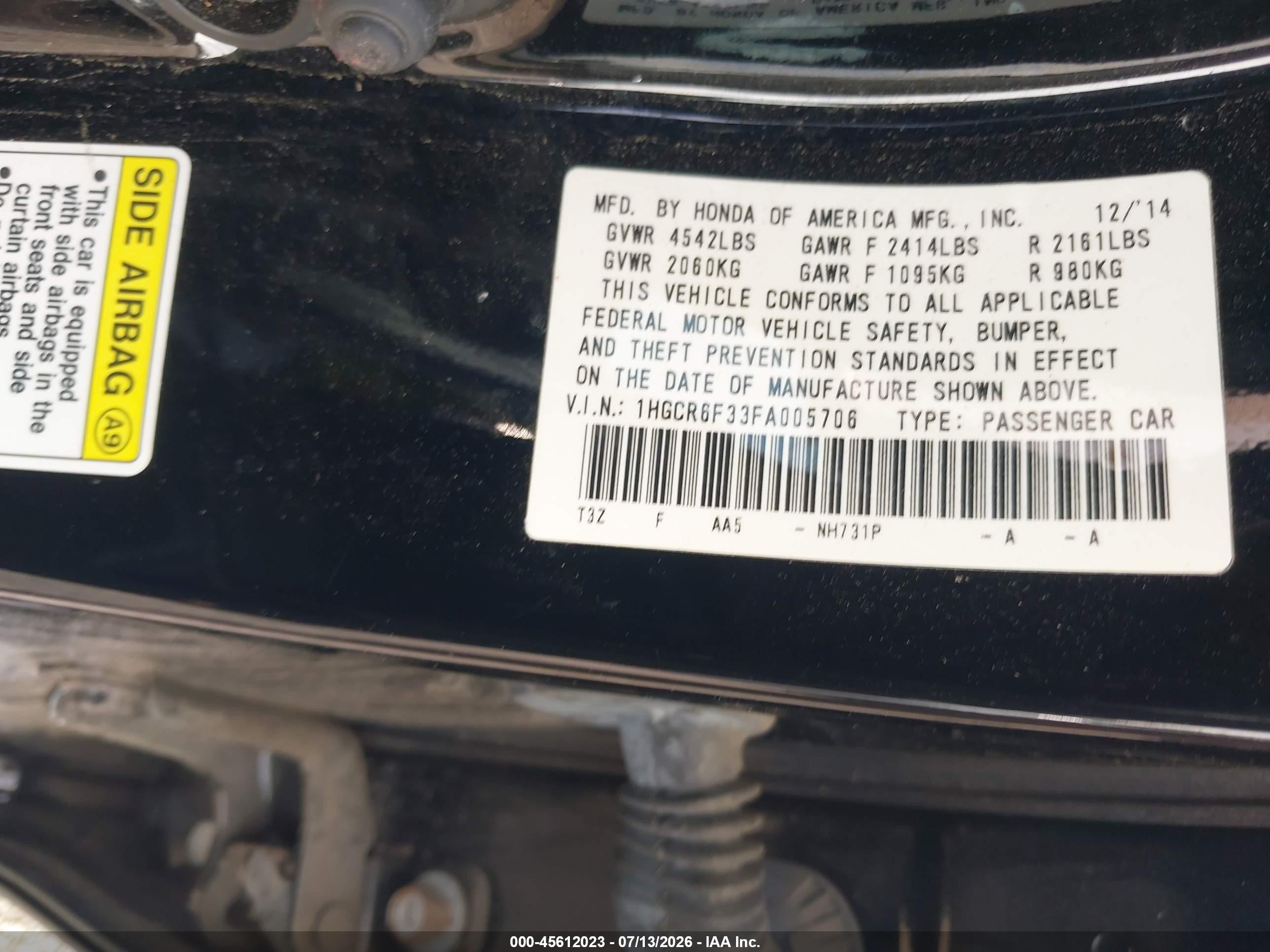 2015 Honda Accord Hybrid   vin: 1HGCR6F33FA005706