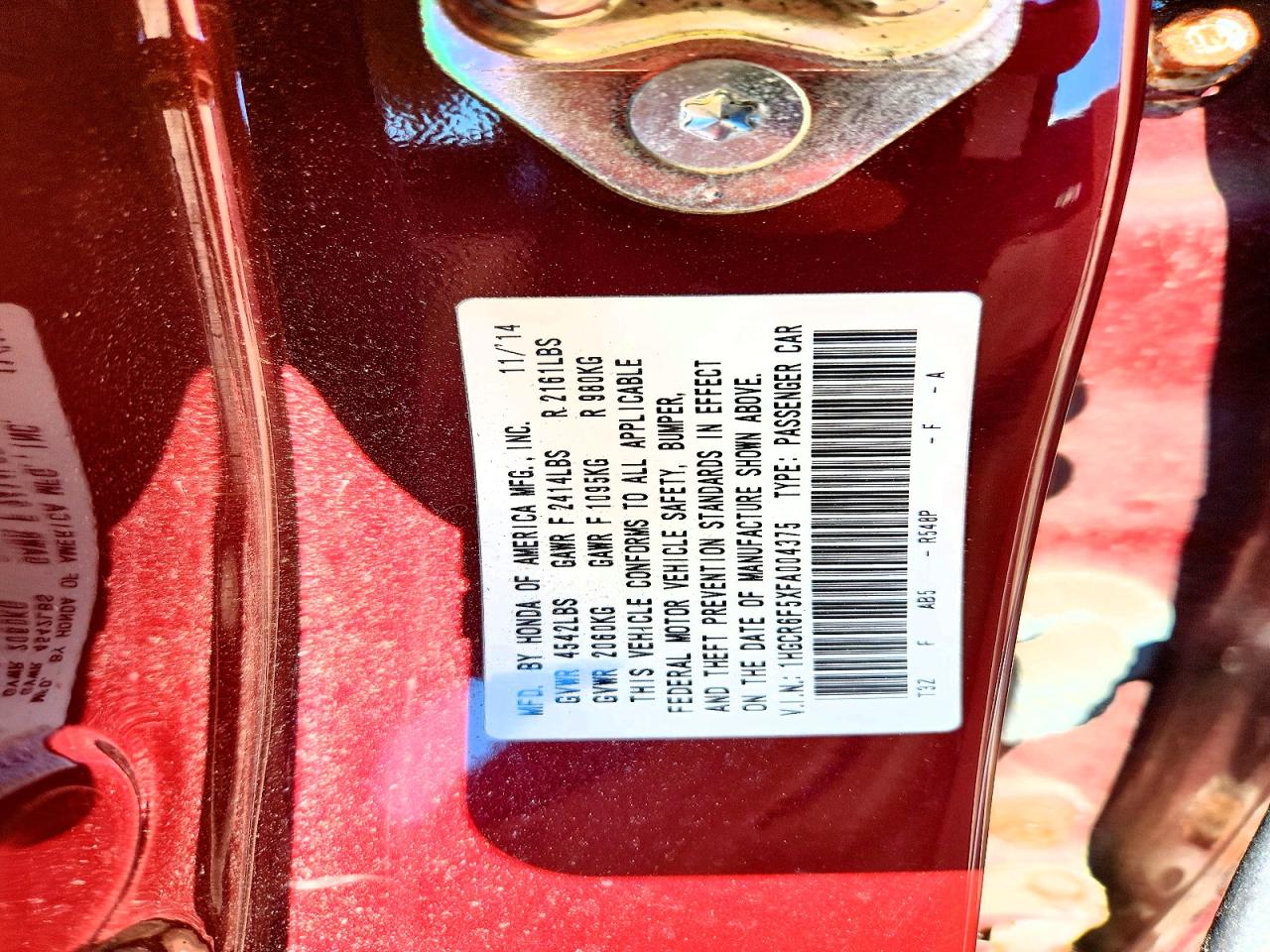 2015 Honda Accord Hybrid Exl Burgundy vin: 1HGCR6F5XFA004375