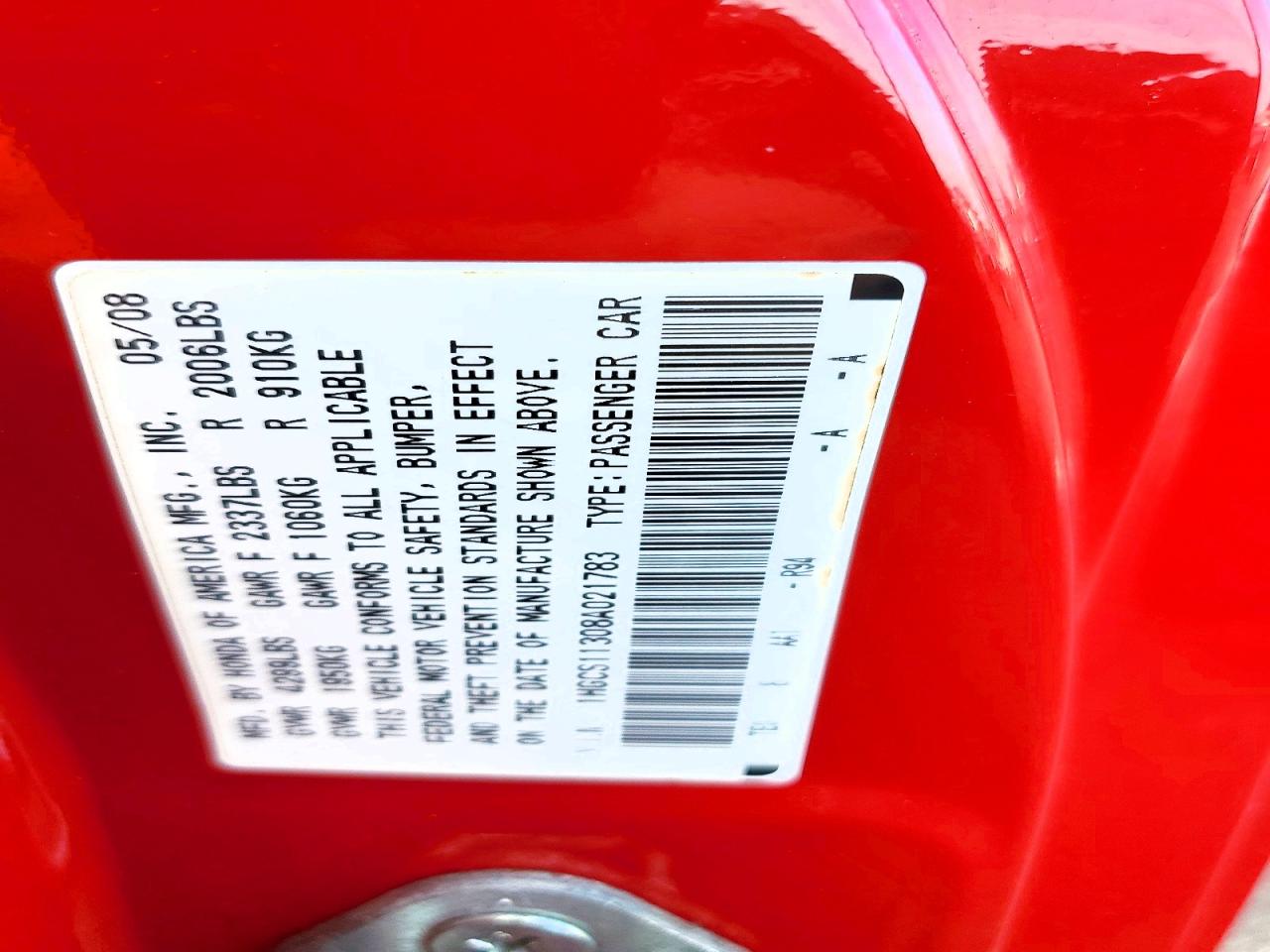 2008 Honda Accord Lx-s Red vin: 1HGCS11308A021783