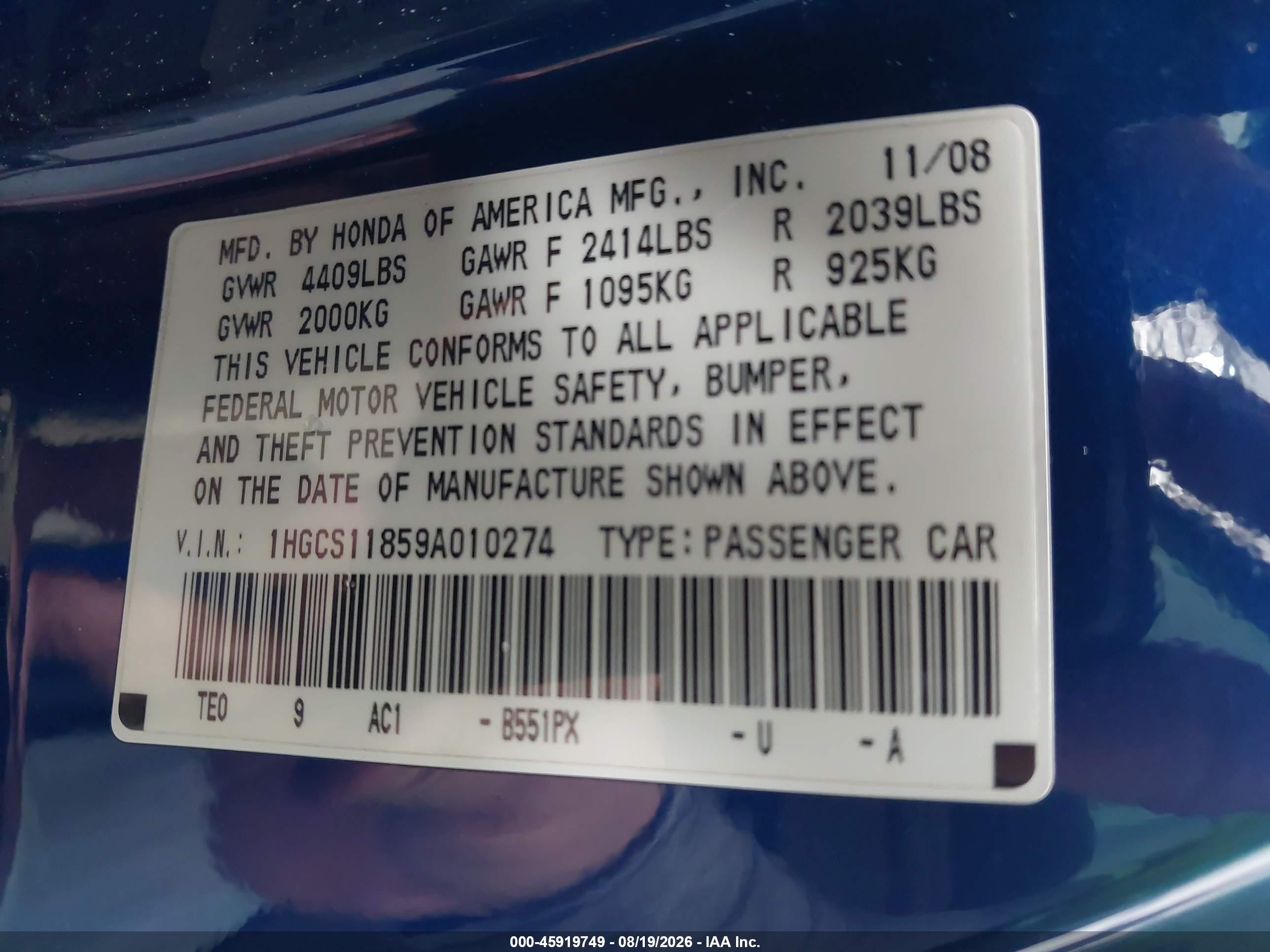 2009 Honda Accord 2.4 Ex-l Blue vin: 1HGCS11859A010274