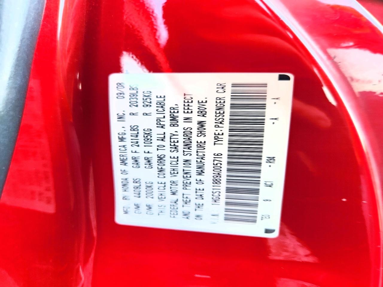 2009 Honda Accord Exl Red vin: 1HGCS11889A005716