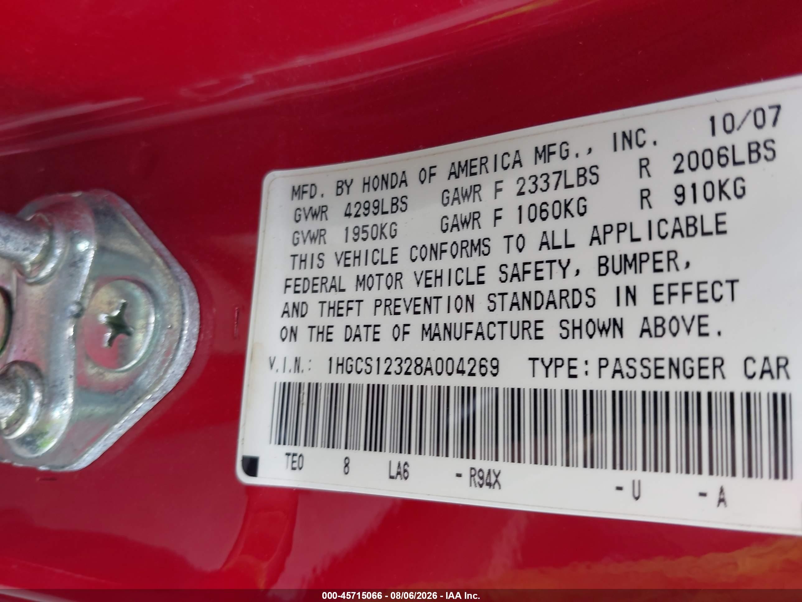 2008 Honda Accord 2.4 Lx-s Red vin: 1HGCS12328A004269