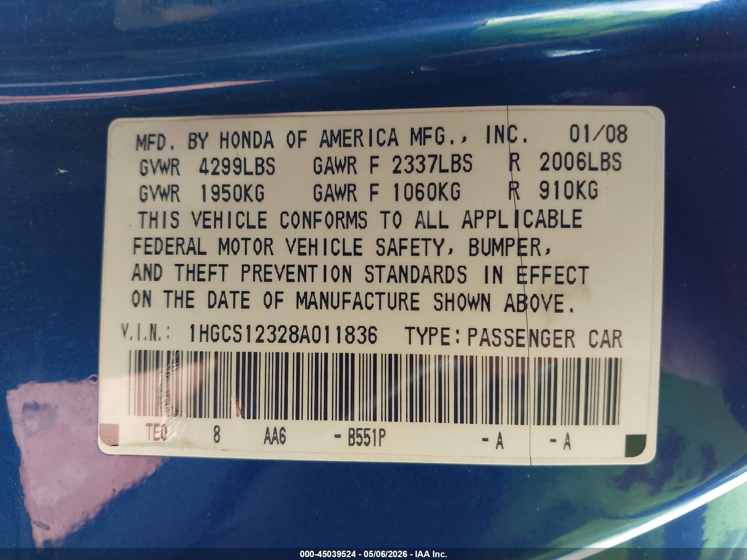 2008 Honda Accord 2.4 Lx-s Синий vin: 1HGCS12328A011836