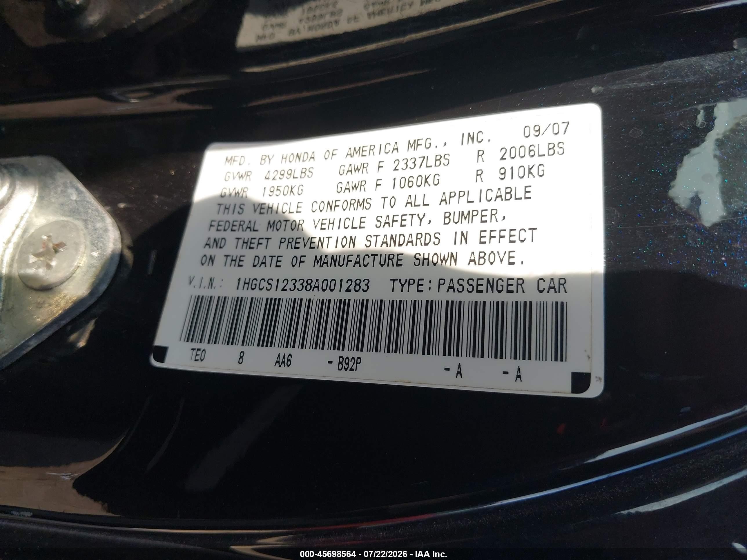 2008 Honda Accord 2.4 Lx-s Black vin: 1HGCS12338A001283