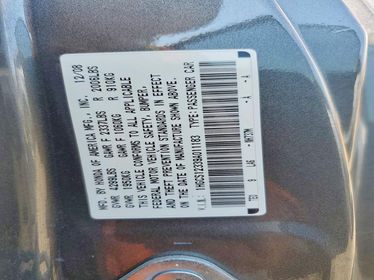 2009 Honda Accord Lx Charcoal vin: 1HGCS12339A011183