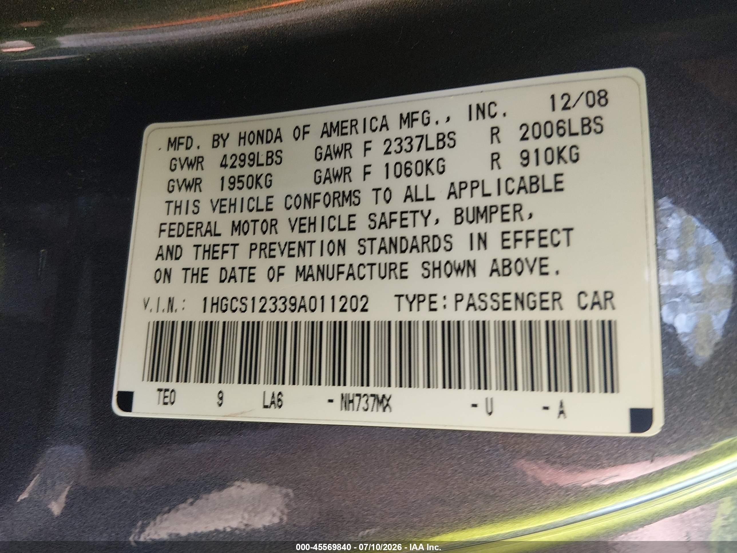 2009 Honda Accord 2.4 Lx-s Gray vin: 1HGCS12339A011202
