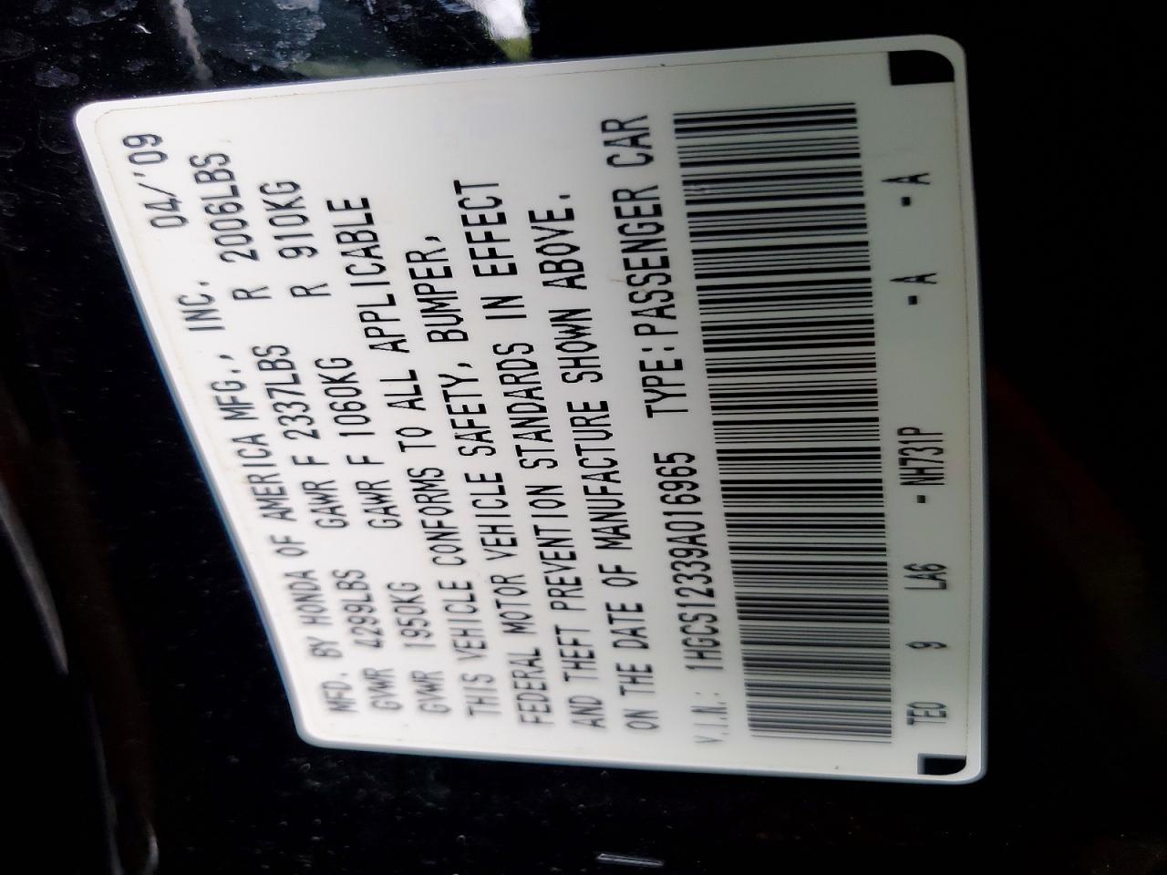 2009 Honda Accord Lx Black vin: 1HGCS12339A016965