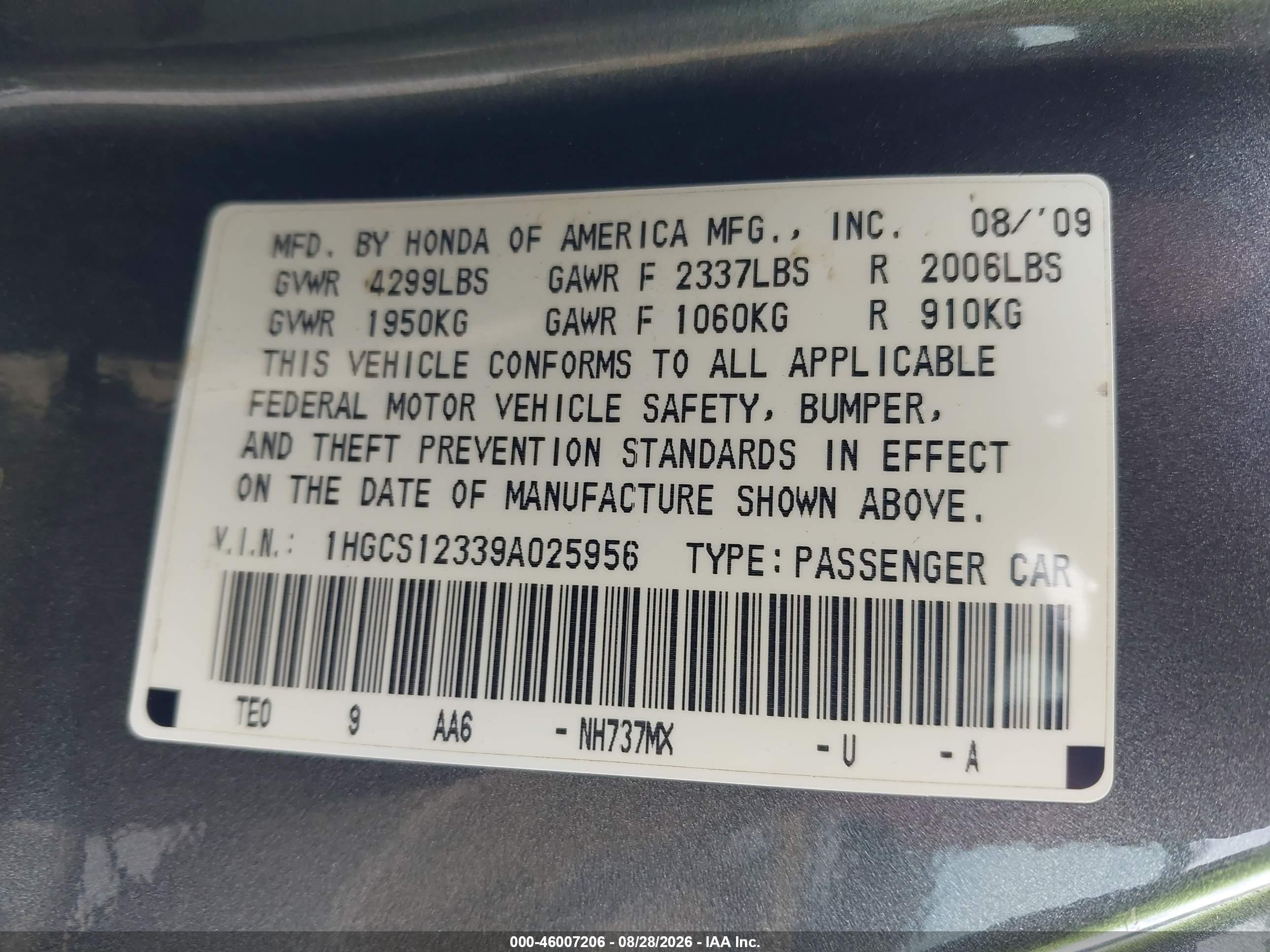 2009 Honda Accord 2.4 Lx-s Gray vin: 1HGCS12339A025956