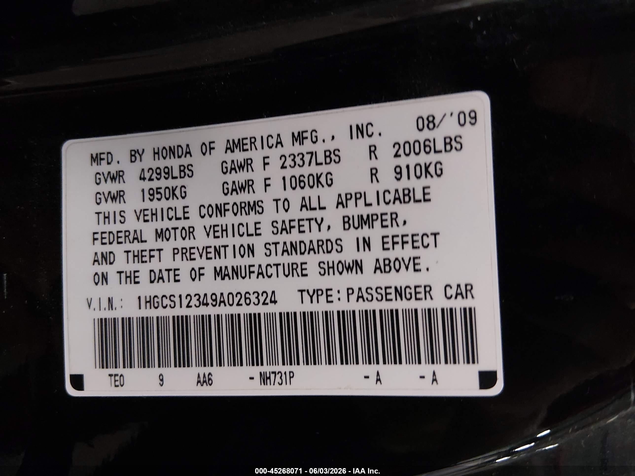 2009 Honda Accord 2.4 Lx-s Black vin: 1HGCS12349A026324