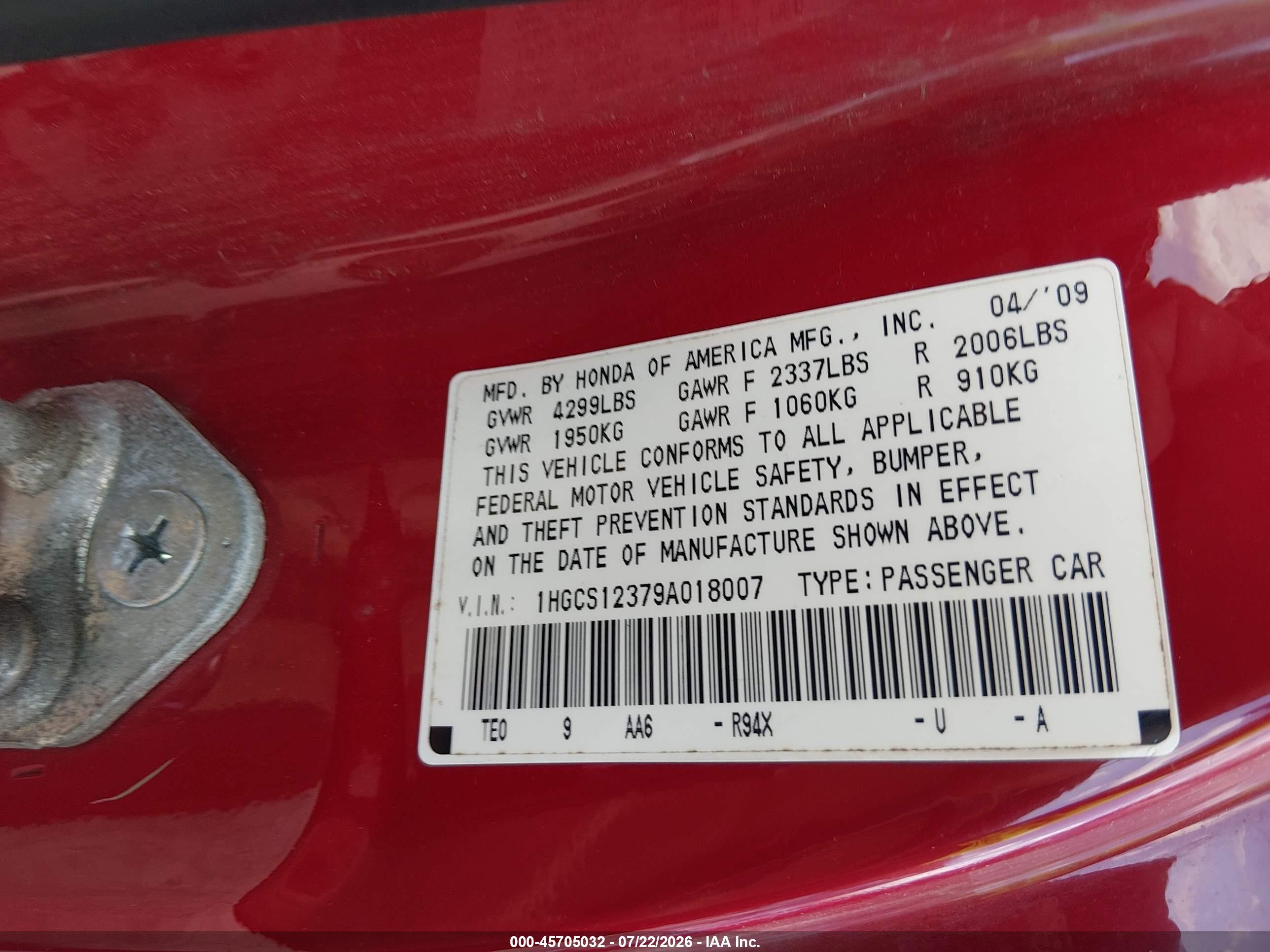 2009 Honda Accord 2.4 Lx-s Red vin: 1HGCS12379A018007