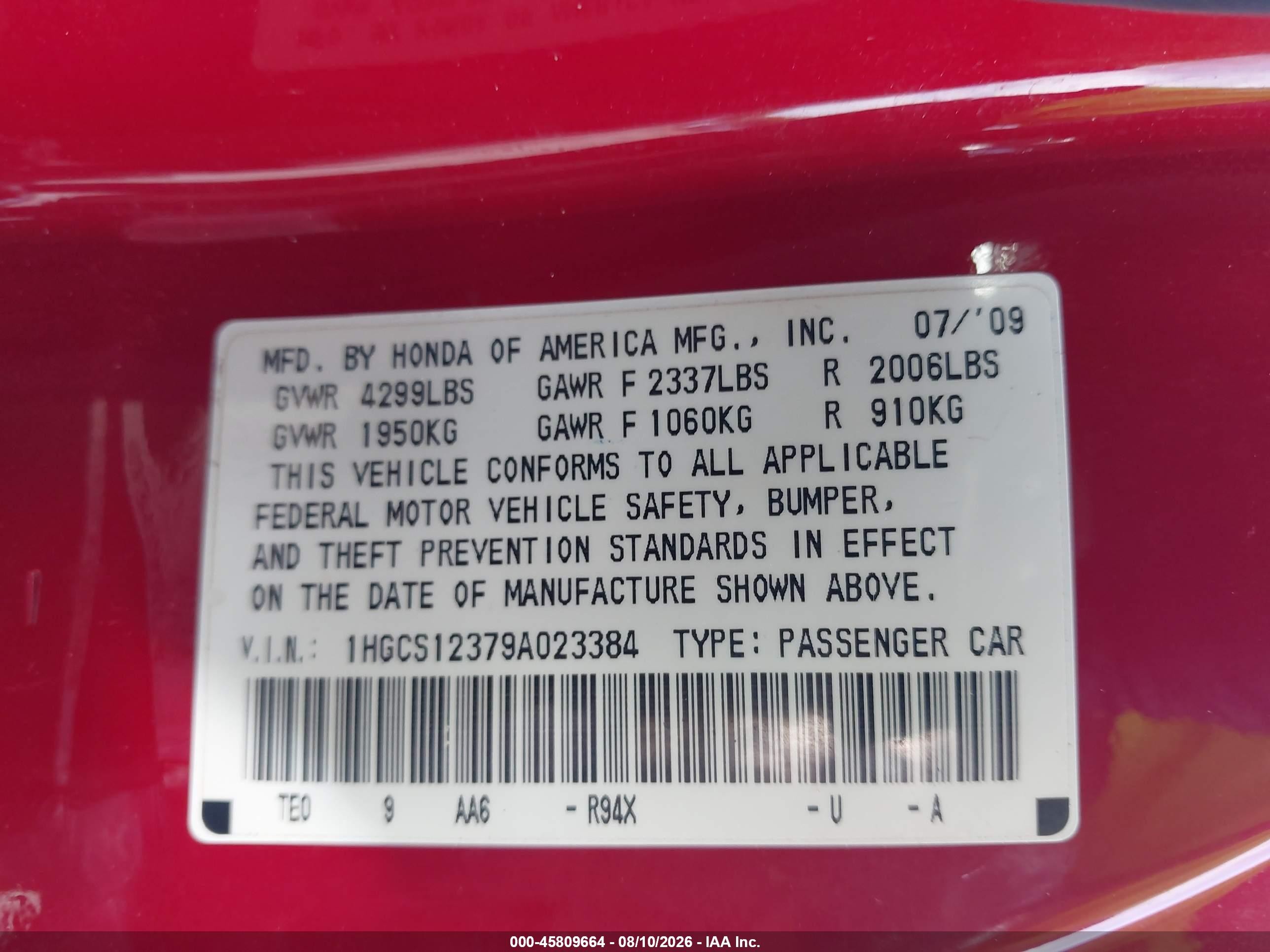 2009 Honda Accord 2.4 Lx-s Red vin: 1HGCS12379A023384