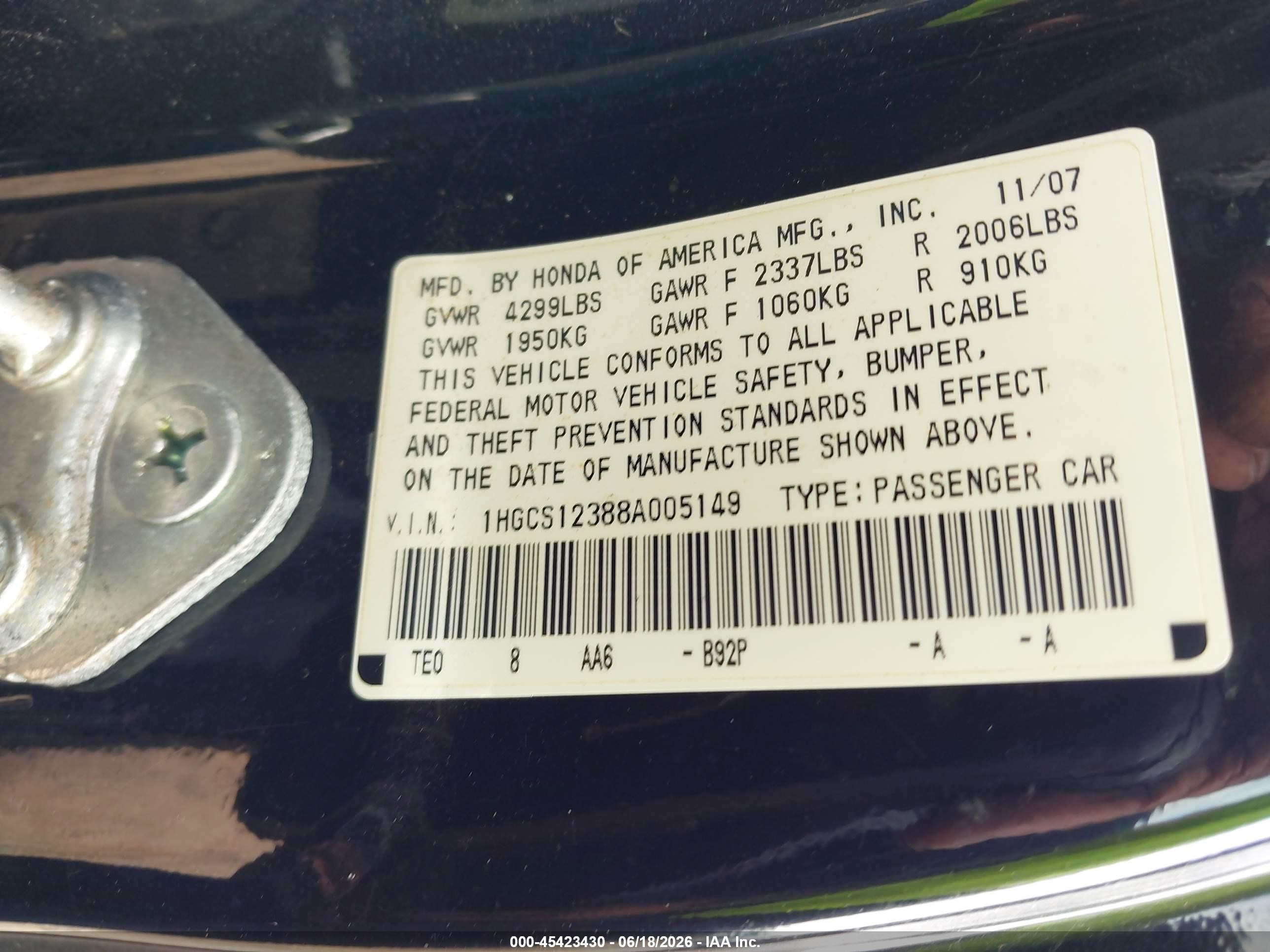 2008 Honda Accord 2.4 Lx-s Black vin: 1HGCS12388A005149