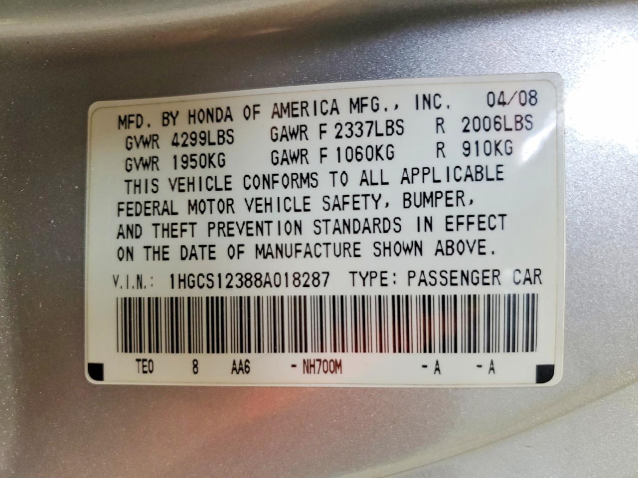 2008 Honda Accord Lx-s Silver vin: 1HGCS12388A018287