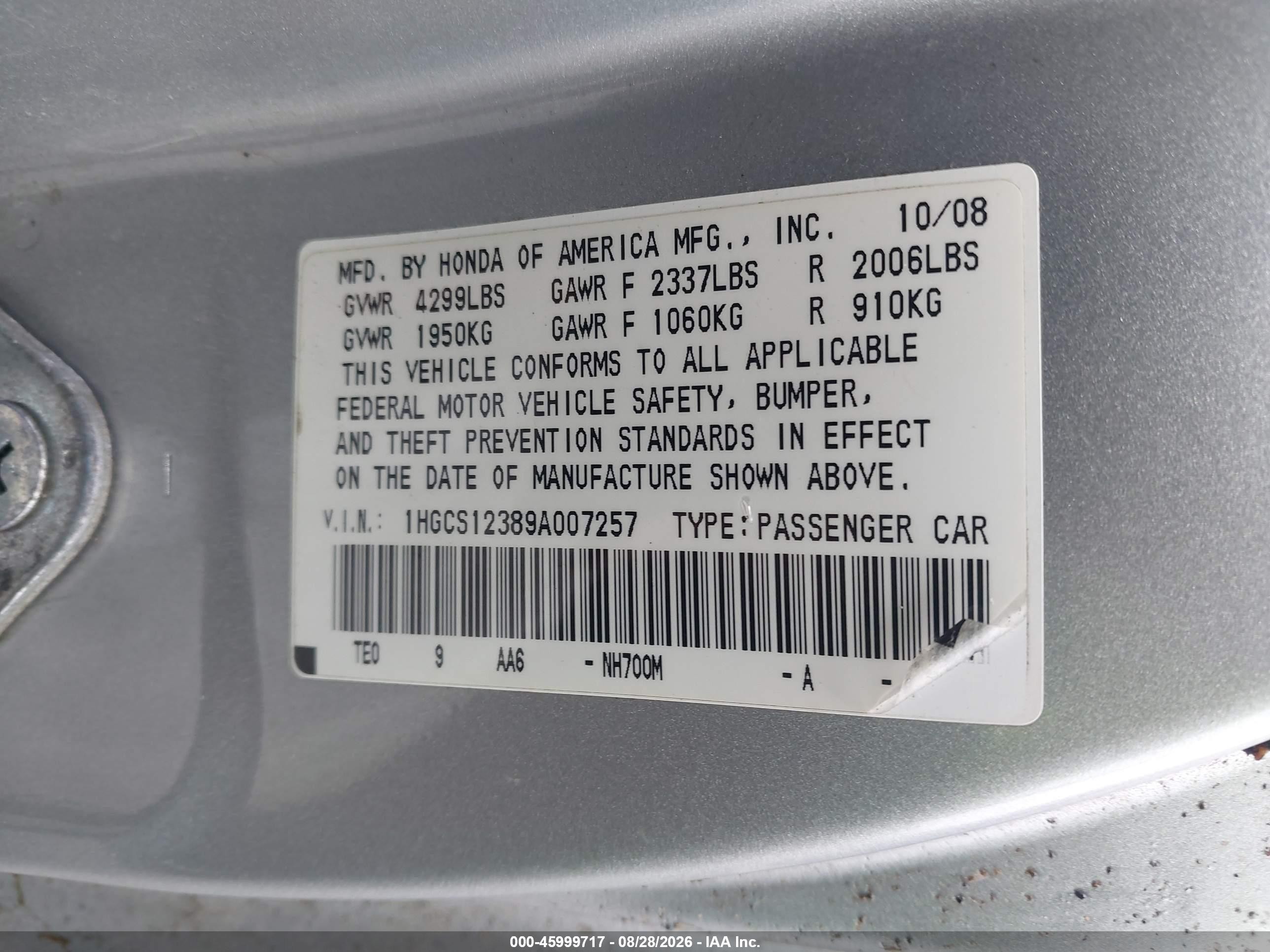 2009 Honda Accord 2.4 Lx-s Silver vin: 1HGCS12389A007257