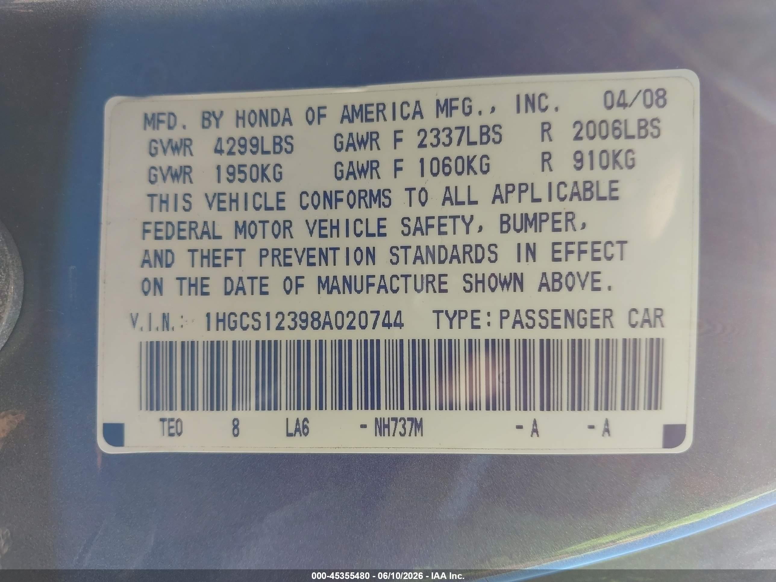 2008 Honda Accord 2.4 Lx-s Gray vin: 1HGCS12398A020744