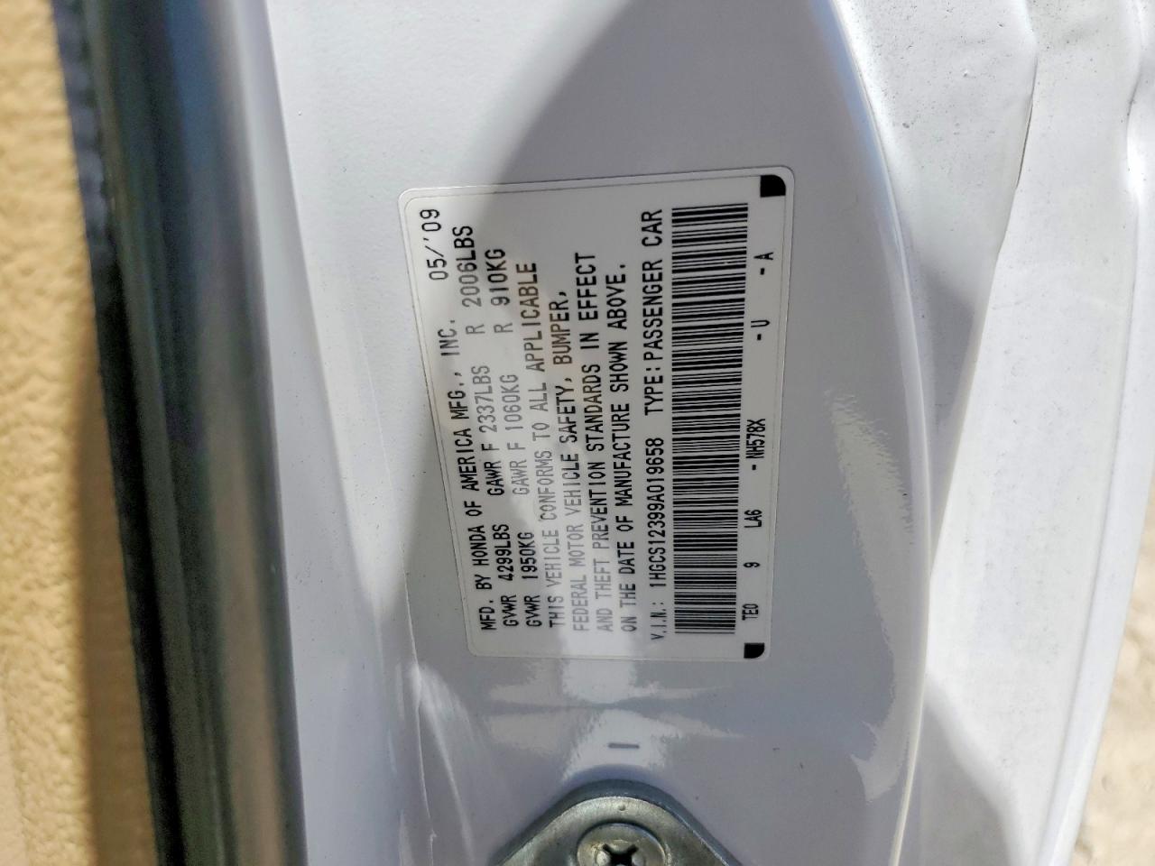 2009 Honda Accord Lx White vin: 1HGCS12399A019658
