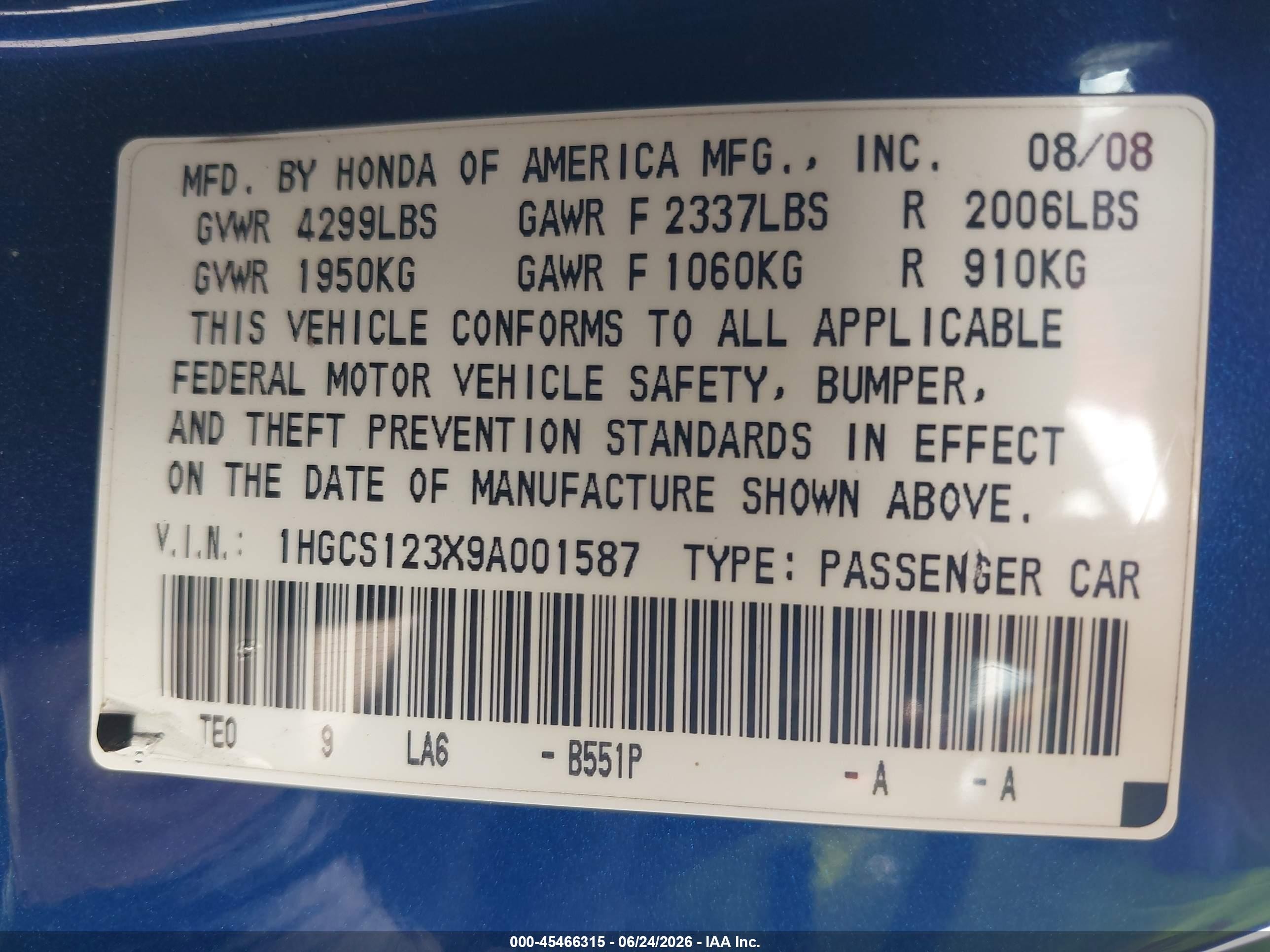 2009 Honda Accord 2.4 Lx-s Blue vin: 1HGCS123X9A001587